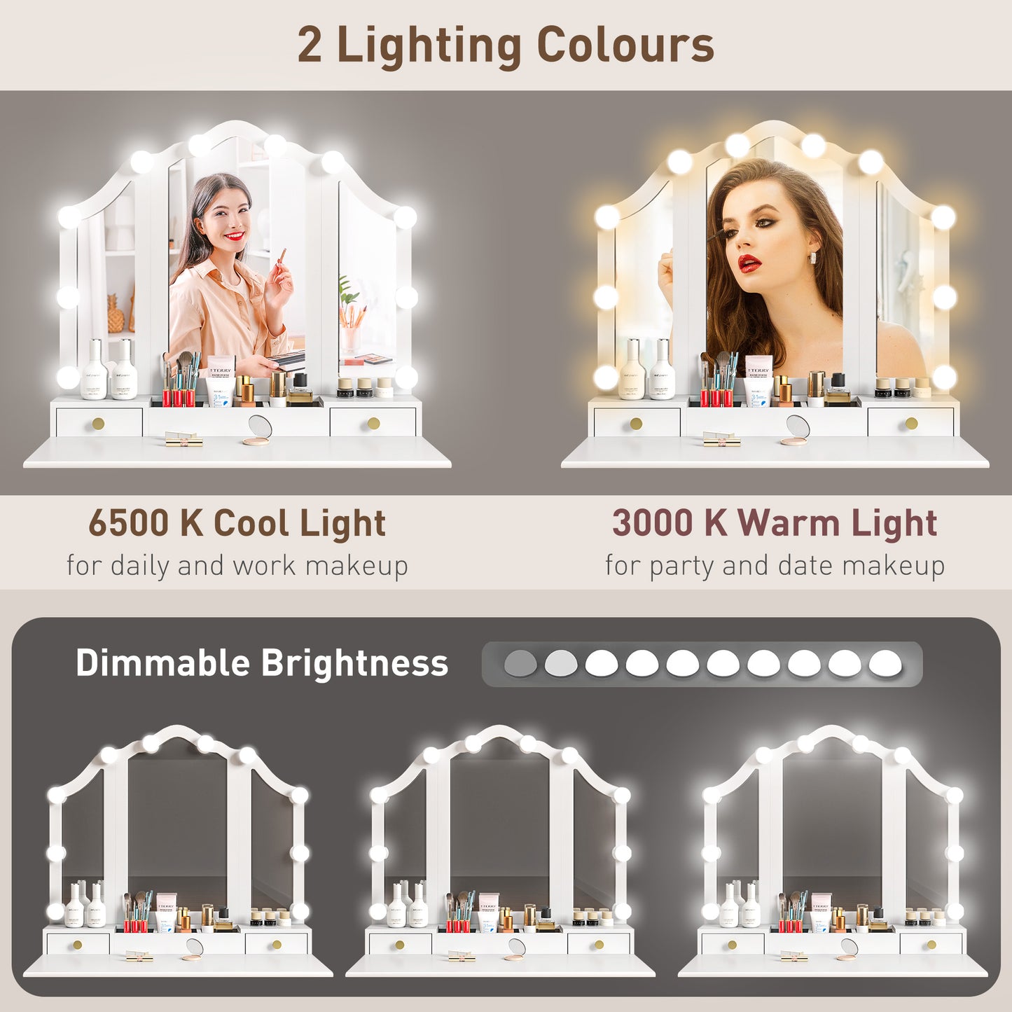 HOMCOM Makeup Vanity Desk with Mirror and Stool, Vanity Set with 10 LED Lights, 5 Drawers and 3 Compartments, White
