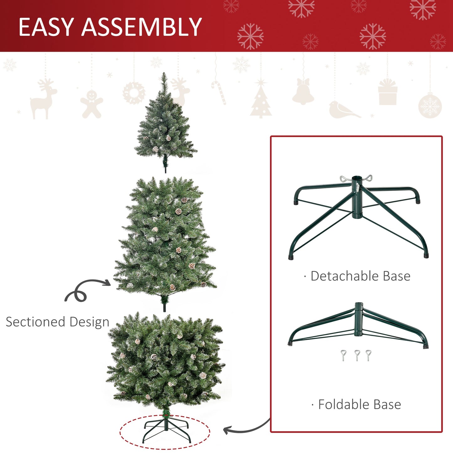 HOMCOM 7.5ft Artificial Christmas Tree, Flocked Christmas Tree with Pine Cones, 1119 Branch Tips and Metal Base, Green