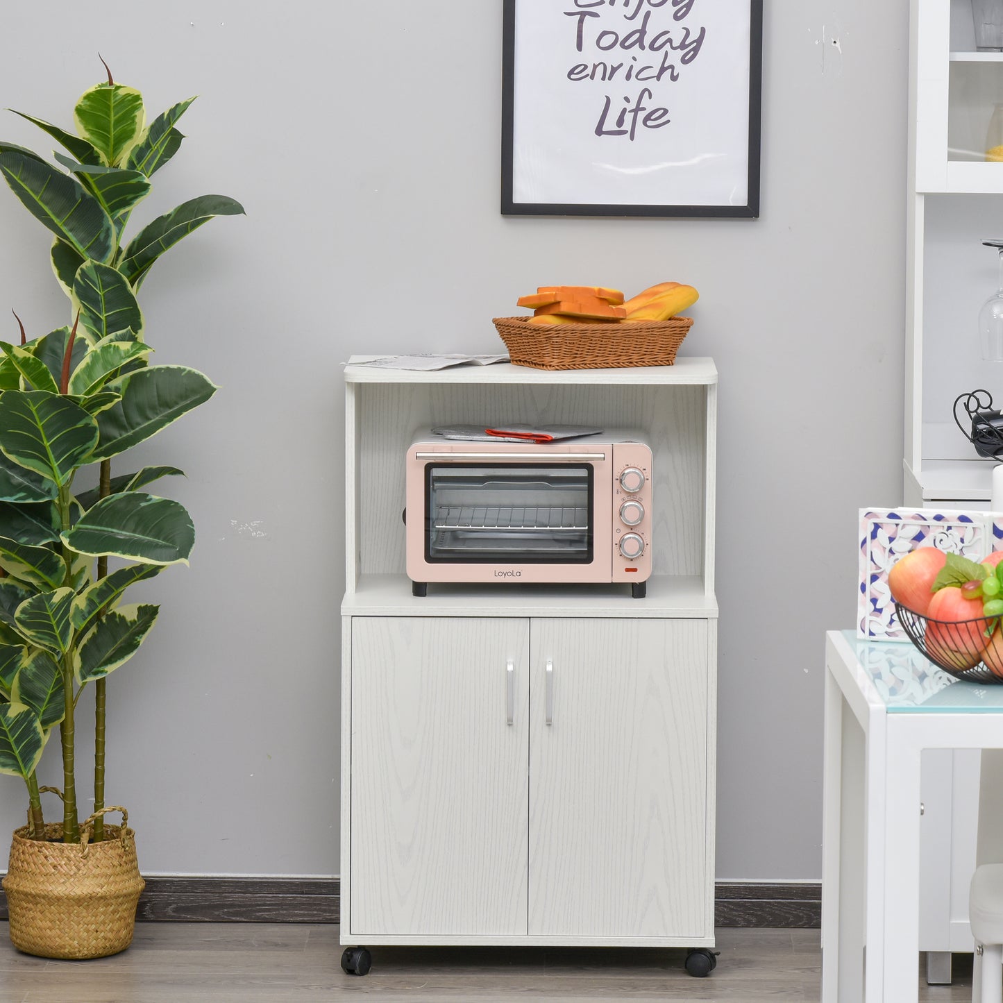 HOMCOM Microwave Cart on Wheels Utility Trolley Storage Sideboard Bookcase with 2-door Cabinet, White Oak