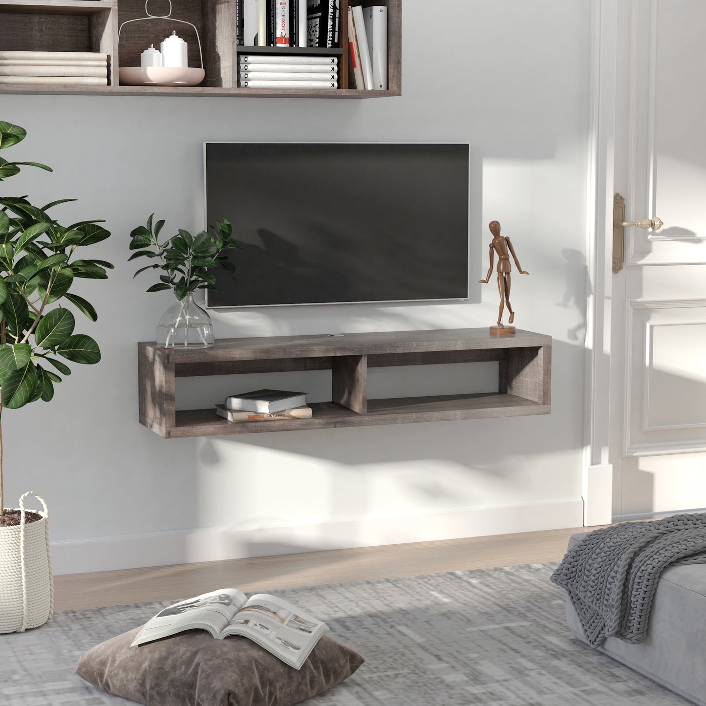 HOMCOM Floating TV Stand Shelf for 50" TVs, Wall Mounted Entertainment Center for Living Room, Bedroom, Media Console with Storage Shelf for Audio, Video, Dark Grey Wood Grain