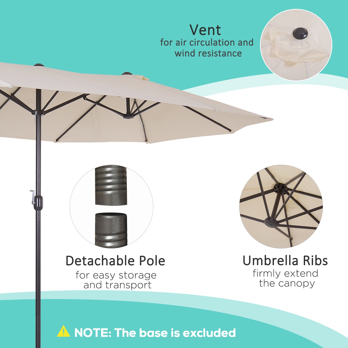 Outsunny 15' Double-Sided Patio Umbrella Parasol Sun Shelter Canopy Shade Grey