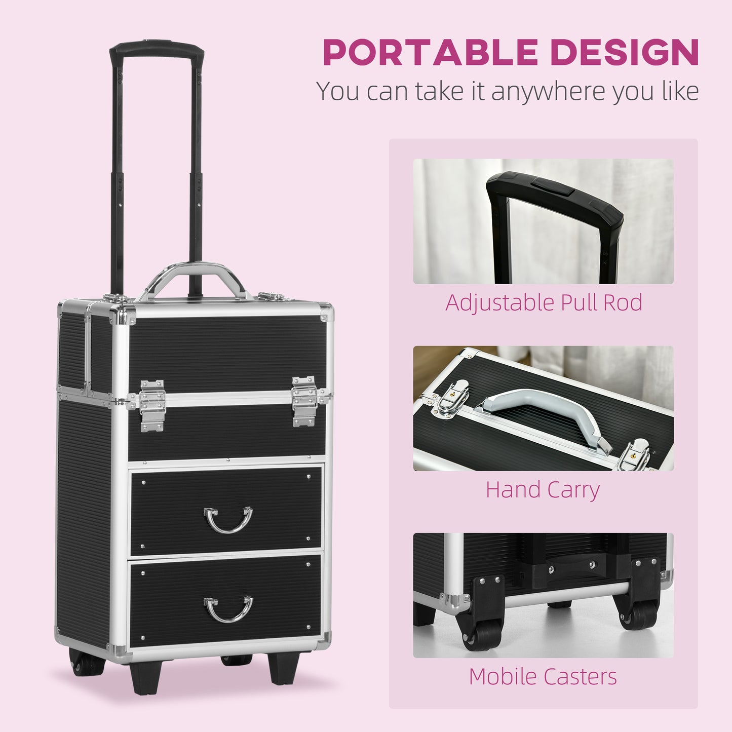 HOMCOM Rolling Makeup Train Case, Large Storage Cosmetic Trolley, Lockable Traveling Cart Trunk with Folding Trays, Swivel Wheels
