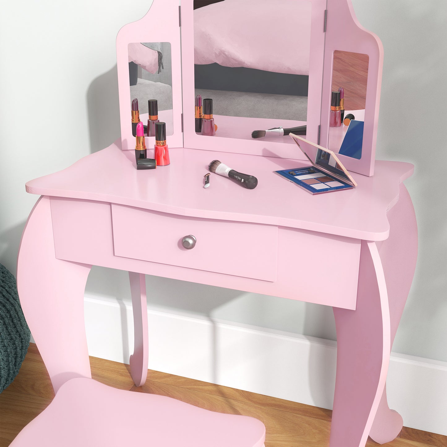 Qaba Kids Vanity Table and Stool, Makeup Vanity Girls Dressing Table Set with Tri-folding Mirrors Drawer Star and Heart Pattern, White