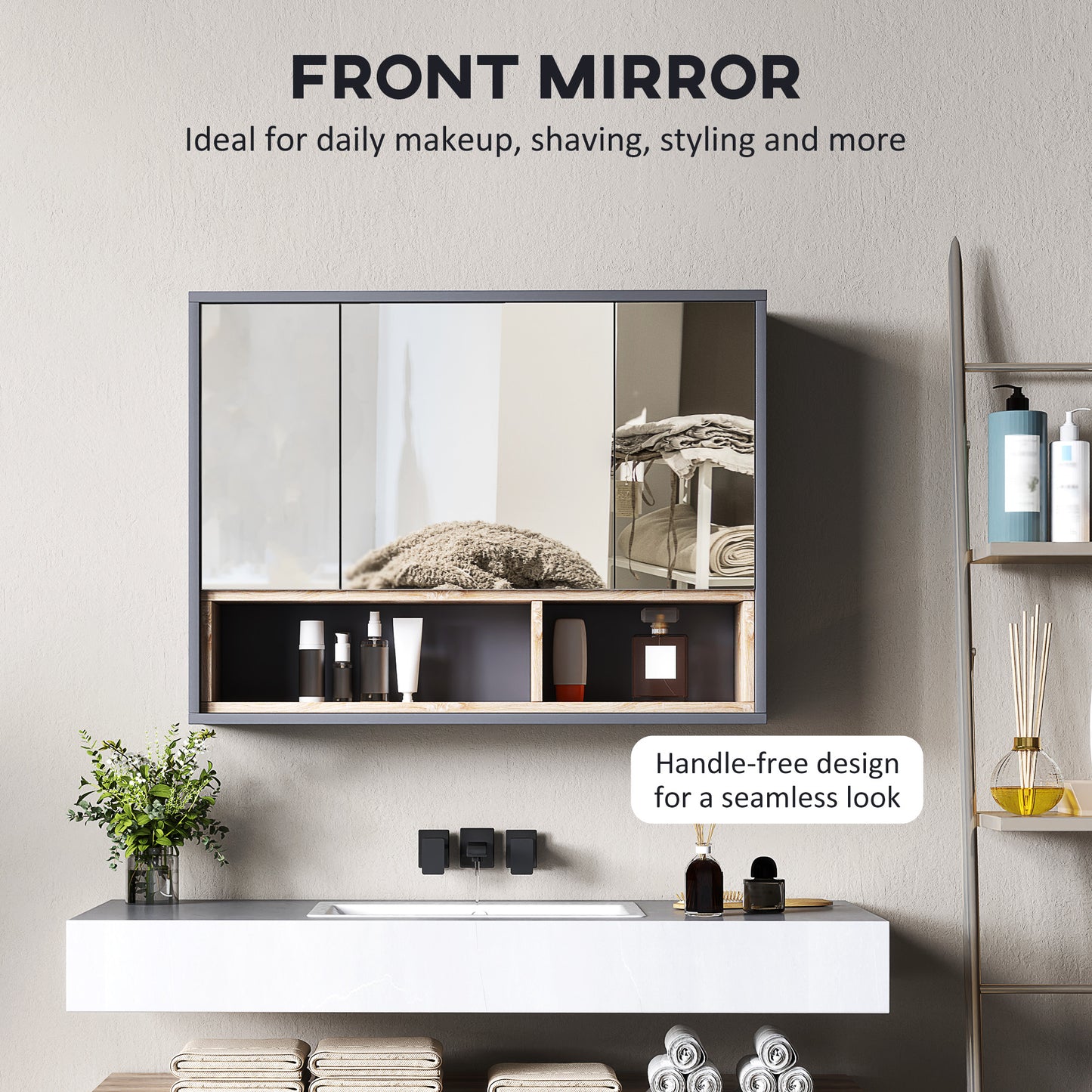 HOMCOM Wall Mounted Bathroom Medicine Cabinet with Mirror and Shelves, Grey