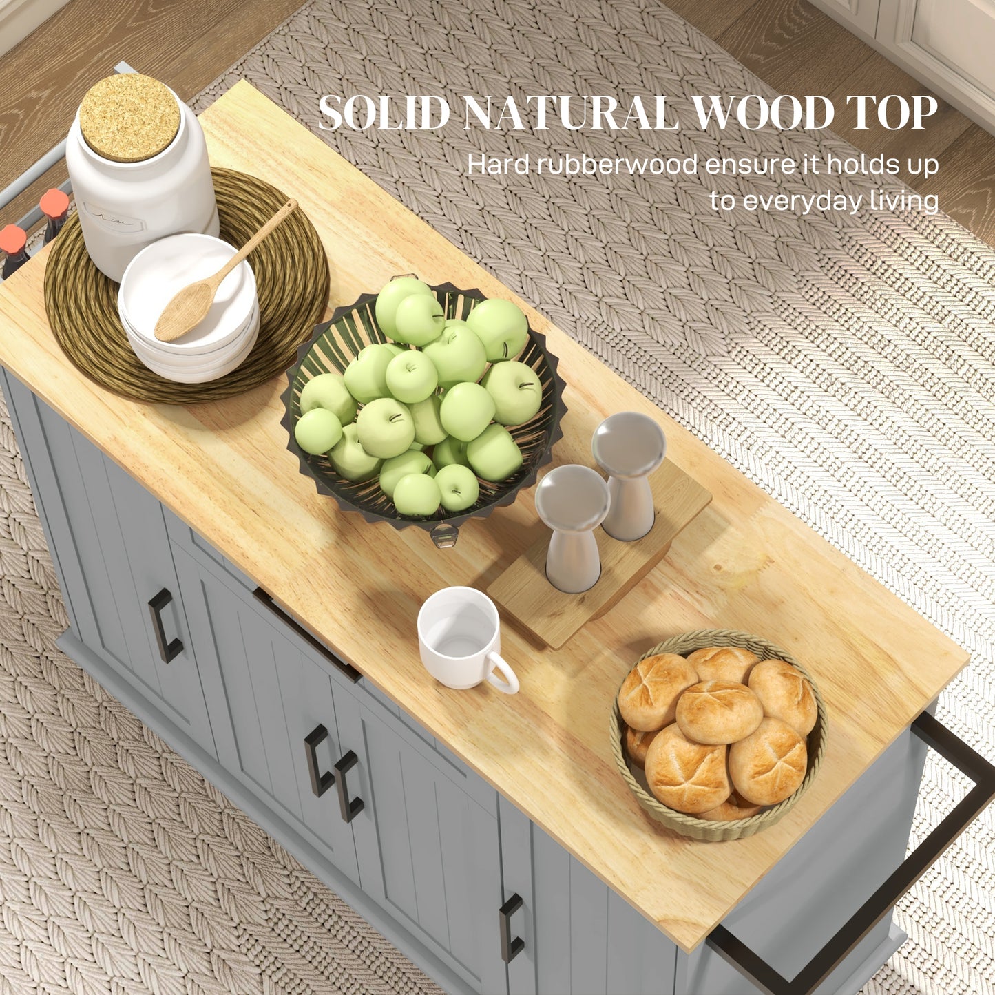 HOMCOM Modern Rolling Kitchen Island Cart with Drawers, Natural Wood Top, Towel Rack, Door Storage Cabinet, White