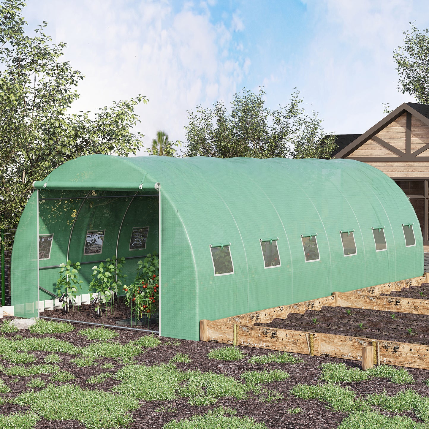 Outsunny Walk-in Greenhouse 20x10x7ft Heavy Duty Outdoor Backyard Seed Plant Vegetables Grow Warm House Green