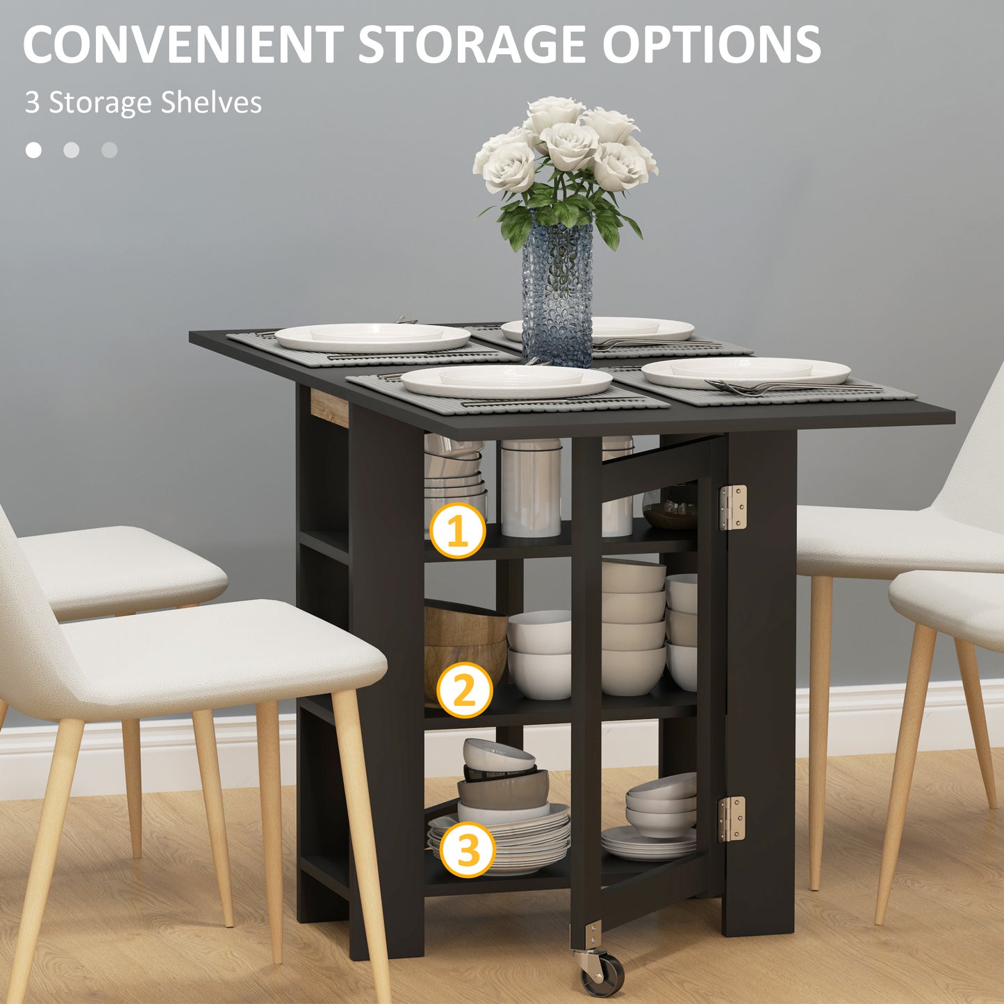 HOMCOM Folding Dining Table with Storage, Drop Leaf Kitchen Table for Small Spaces, White