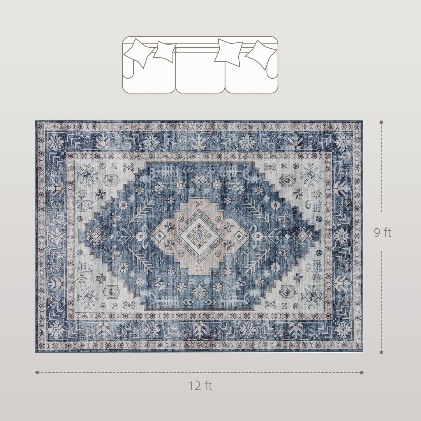 HOMCOM 6x9 Area Rug, Vintage Machine Washable Rug, Non-Slip Floor Carpet for Living Room, Bedroom, Dining Room, Blue