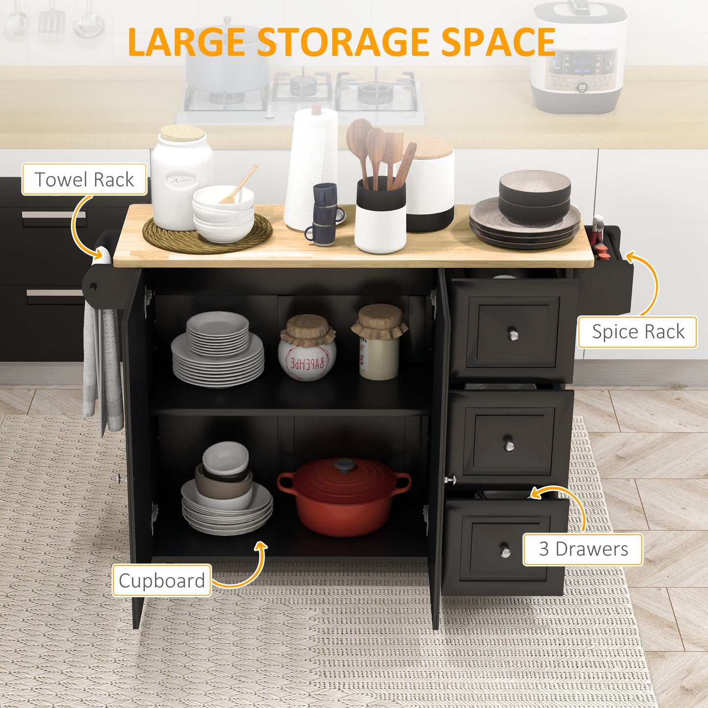 HOMCOM Kitchen Island with Drop Leaf, Rolling Kitchen Cart on Wheels with 3 Drawers, Cabinet, Natural Wood Top, Spice Rack and Towel Rack, White