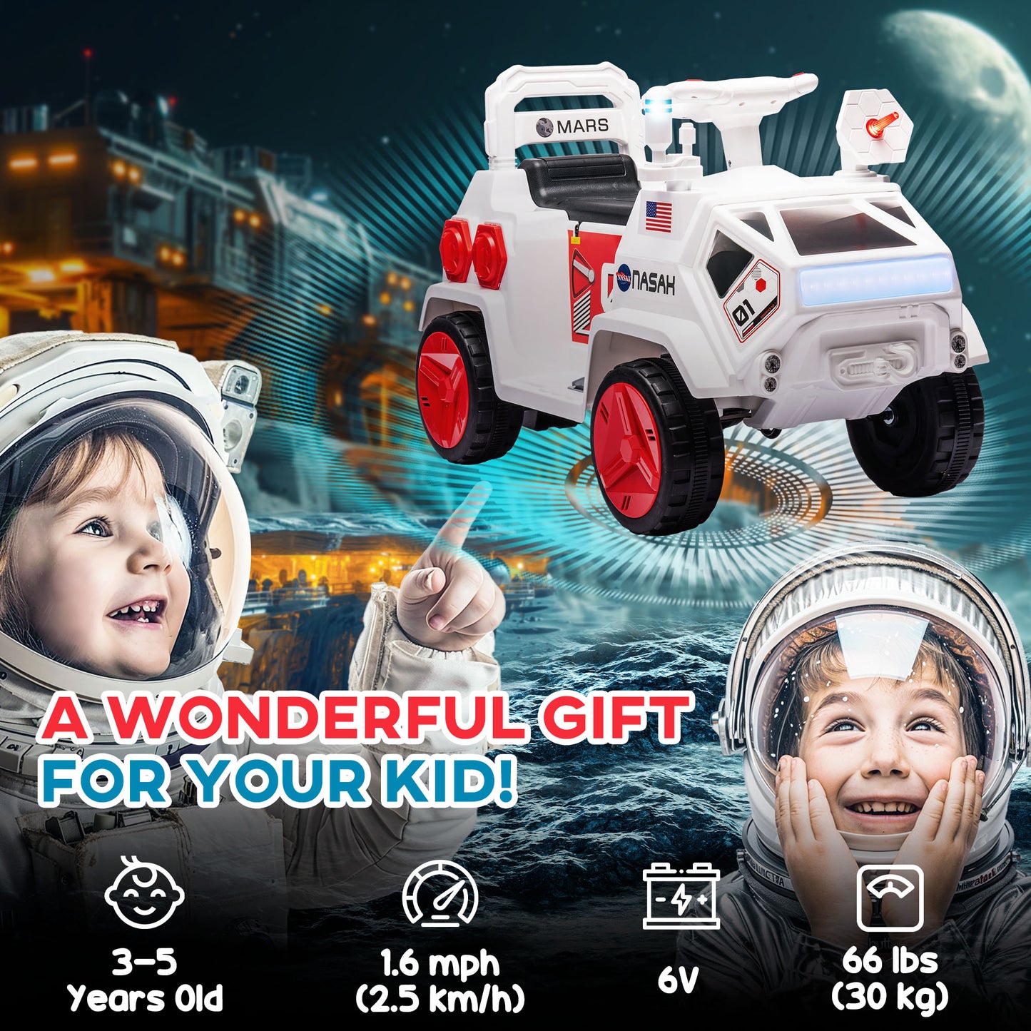 Qaba 6V Mars Rover Electric Car for Kids with Sci-Fi Sounds, Lights, MP3, for Ages 3-5, White