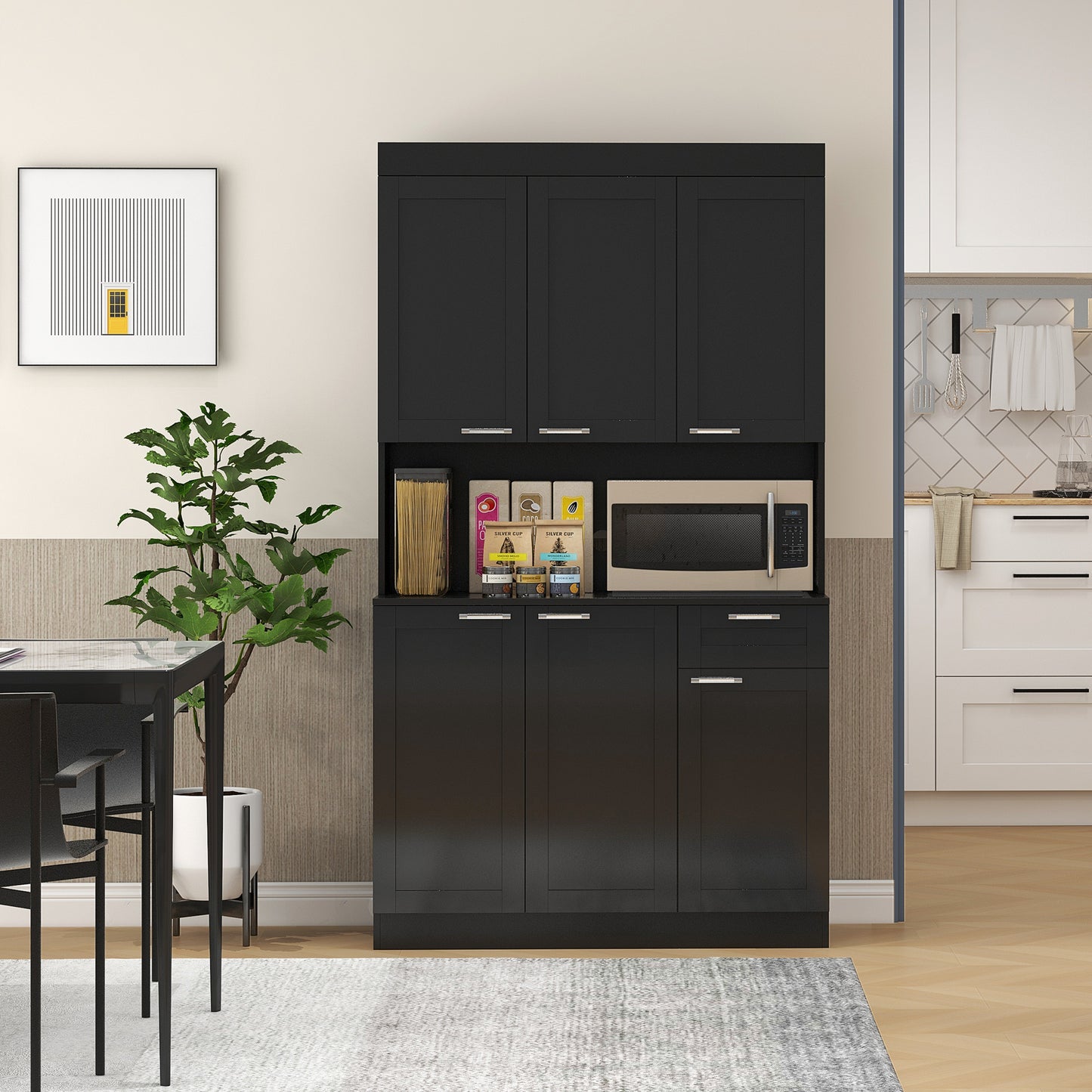 HOMCOM 71" Kitchen Pantry Cabinet, Storage Buffet with Hutch, Adjustable Shelves for Living Room, High Gloss White