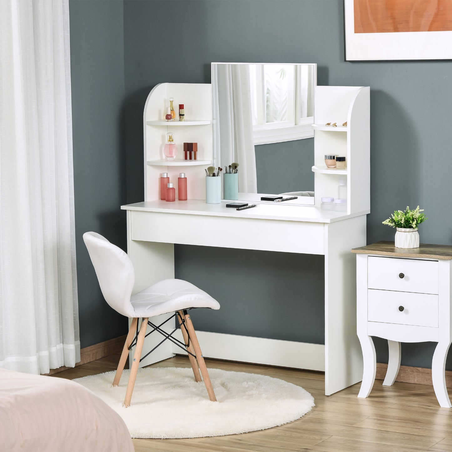 HOMCOM Vanity Desk with Mirror, Makeup Vanity with Open Shelves and Drawer, Dressing Table for Bedroom, White