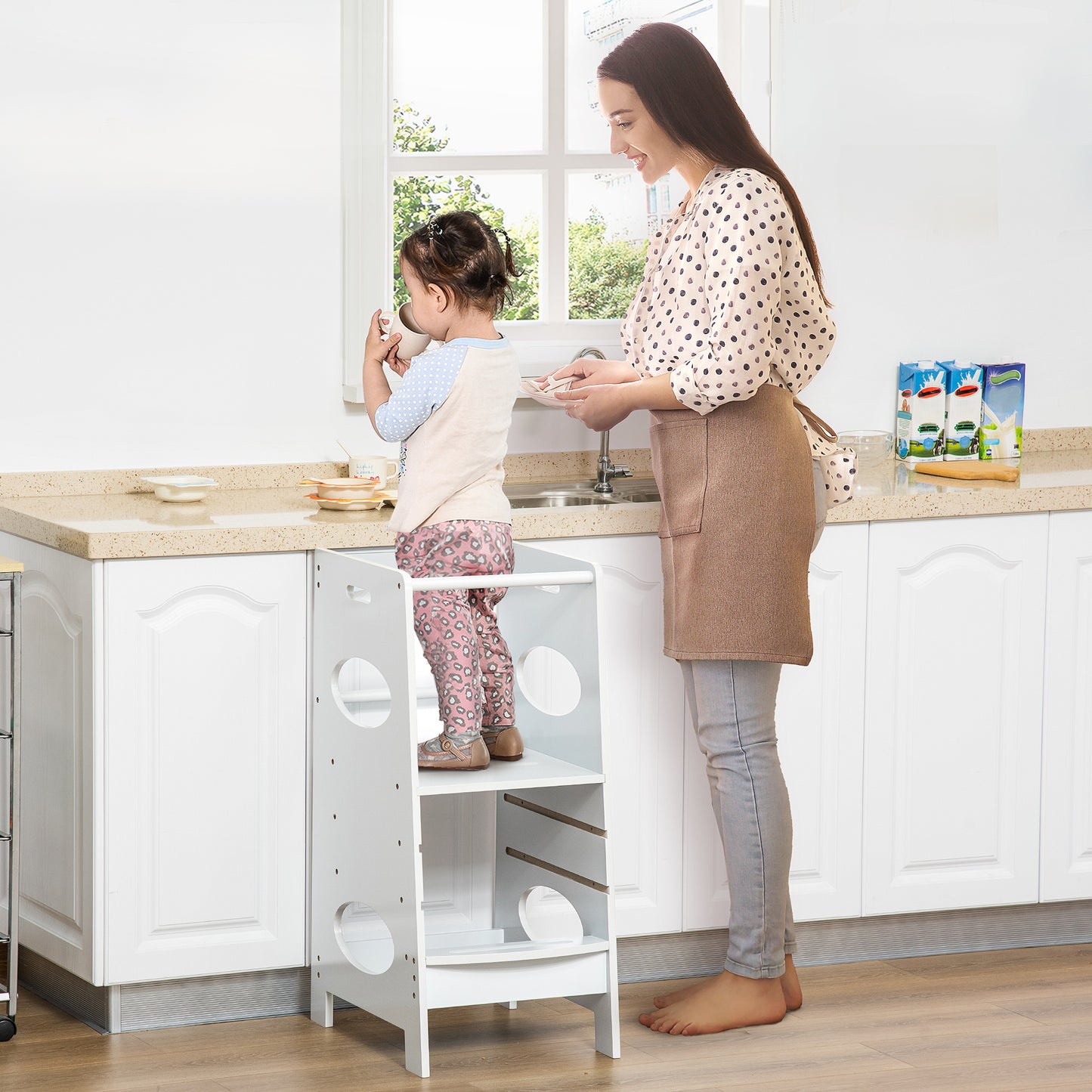 HOMCOM Toddler Tower Kitchen Helper with 3-Level Adjustable Height, Heavy-Duty Kids Step Stool with Safety Rail, White