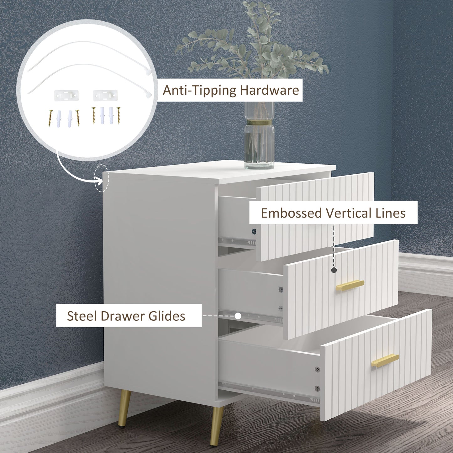 HOMCOM 3 Drawer Cabinet, Drawer Chest for Bedroom, Chest of Drawers with Aluminium Legs and Gold Handles, Dark Grey