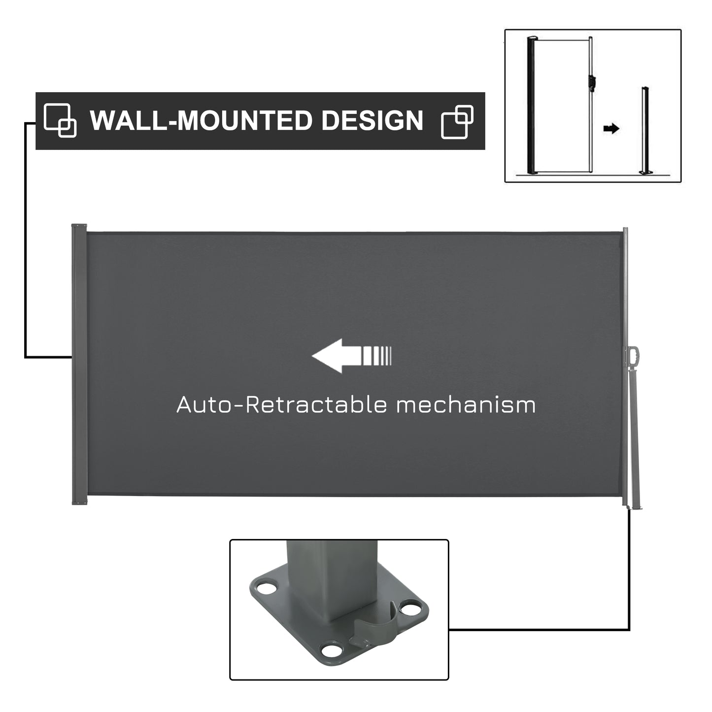 Outsunny 118" x 63" Retractable Side Awning Patio Outdoor Folding Privacy Screen with Resistance to UV Rays & Wind, Grey
