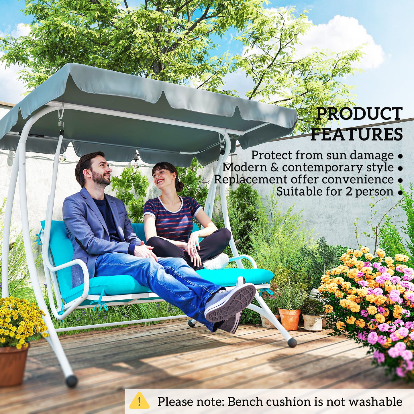 Outsunny 2 Seater Garden Bench Cushion, Thick Outdoor Non-Slip 2 Seater Soft Pad With Backrest for Garden Patio, 52" x 43" x 4", Dark Grey