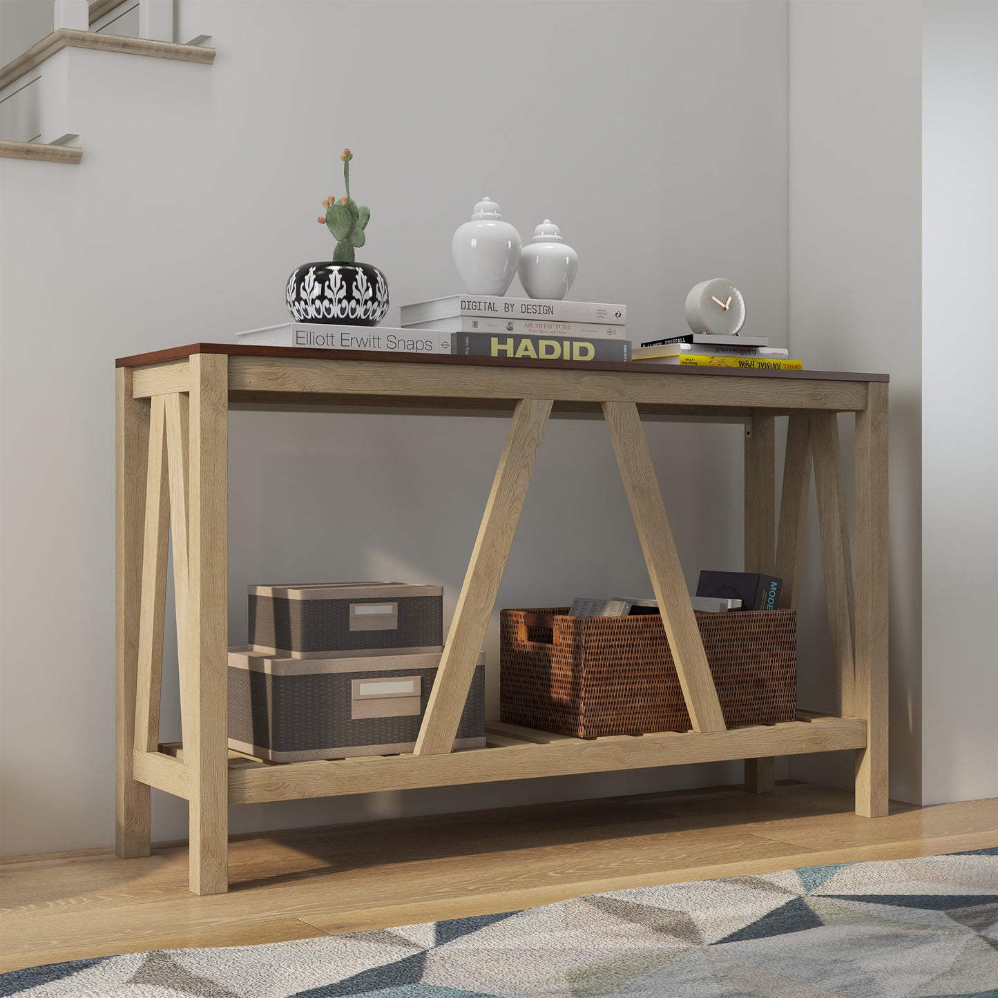HOMCOM 52" Console Table, Farmhouse Narrow Entryway Table with Storage Shelf, Rustic Sofa Table with Anti-tipper for Living Room and Hallway, Brown