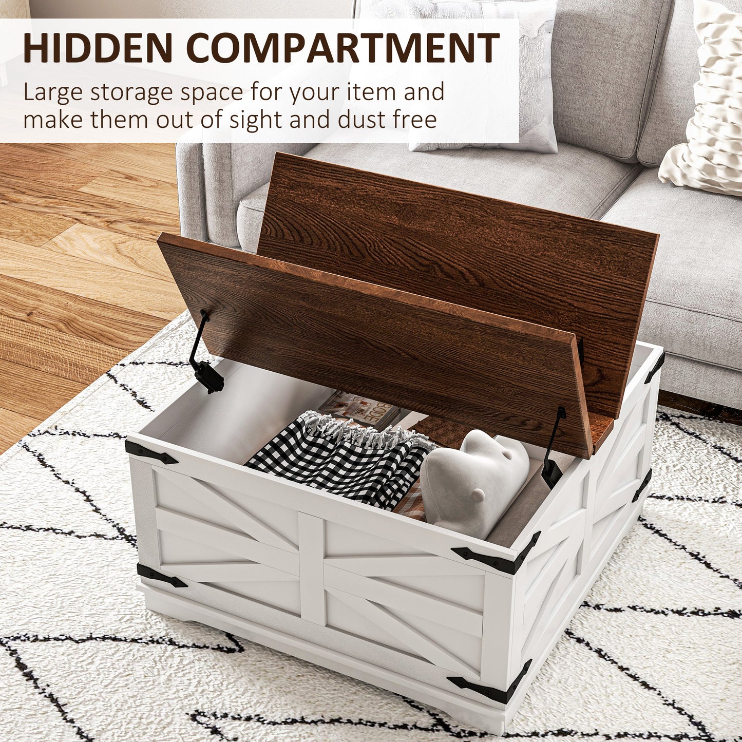 HOMCOM Farmhouse Coffee Table, Square Center Table with Flip-top Lids, Hidden Storage Compartment, Black