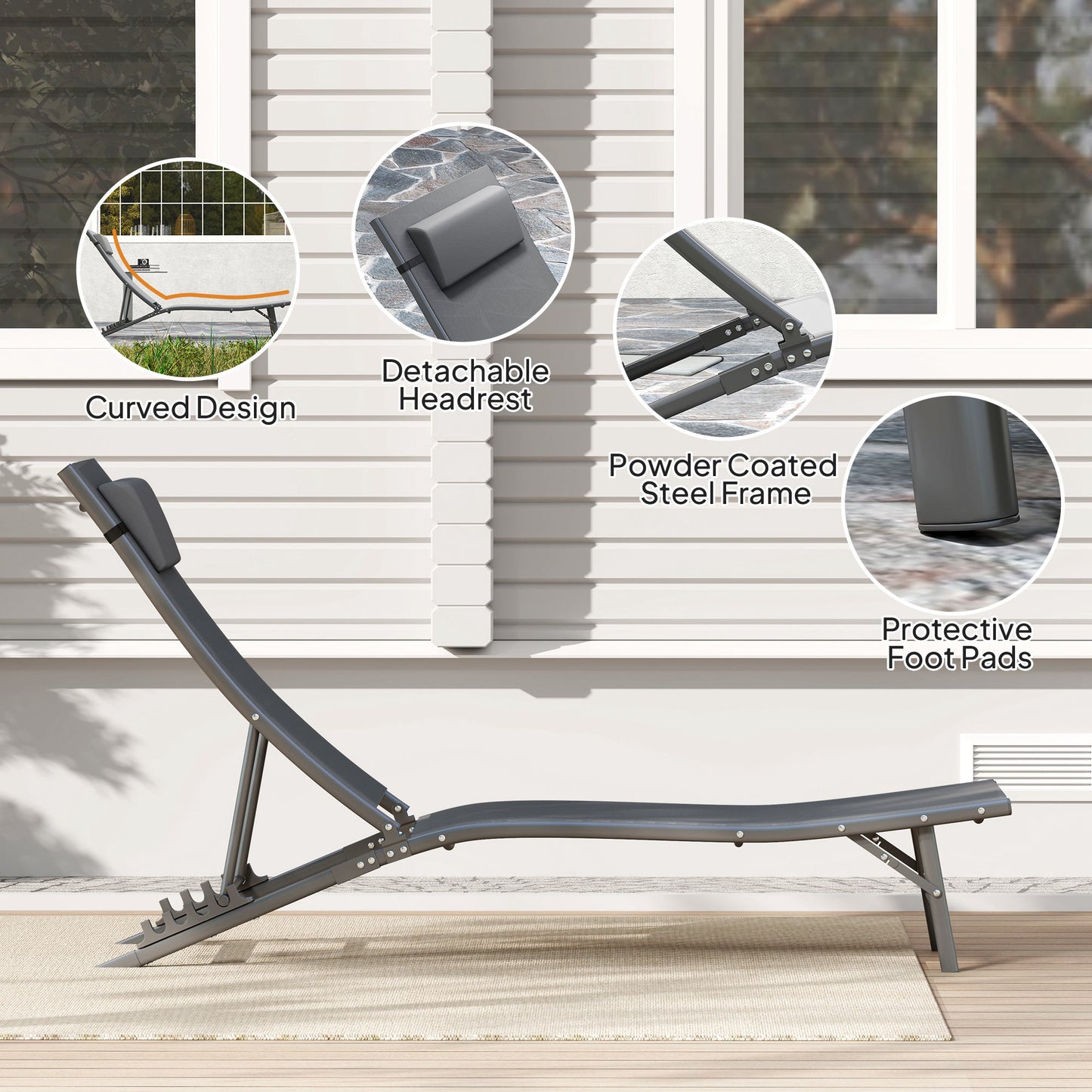 Outsunny Folding Chaise Lounge Chair Set of 2, Reclining Outdoor Lounge Chair Set with Quick Drying Pad Headrest Side Pocket, Tanning Chair Set for Beach Garden Pool, Light Grey