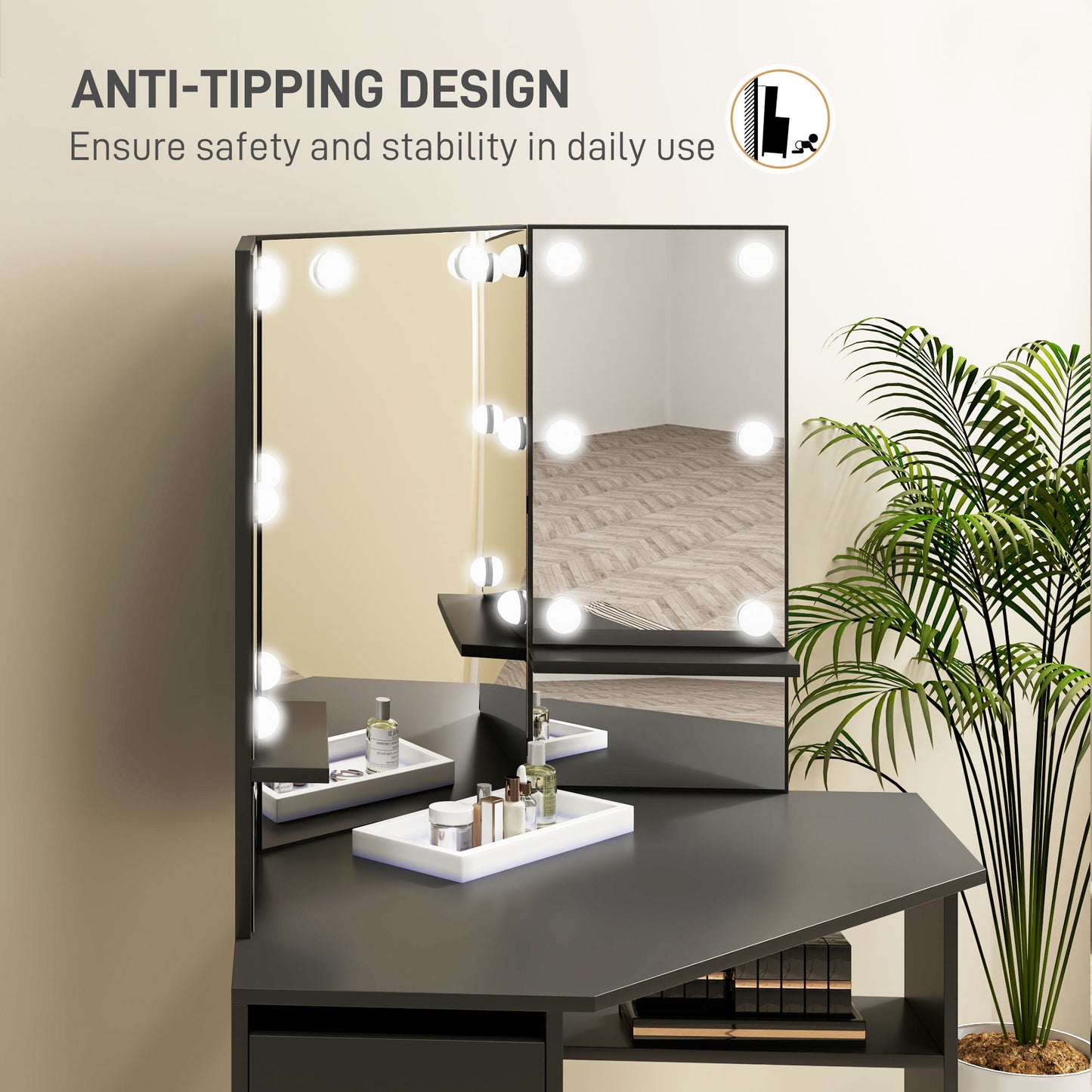 HOMCOM Makeup Vanity Desk with 3-Panel Mirror and 10 LED Lights, Dressing Table with 5 Drawers and Shelves for Bedroom, White