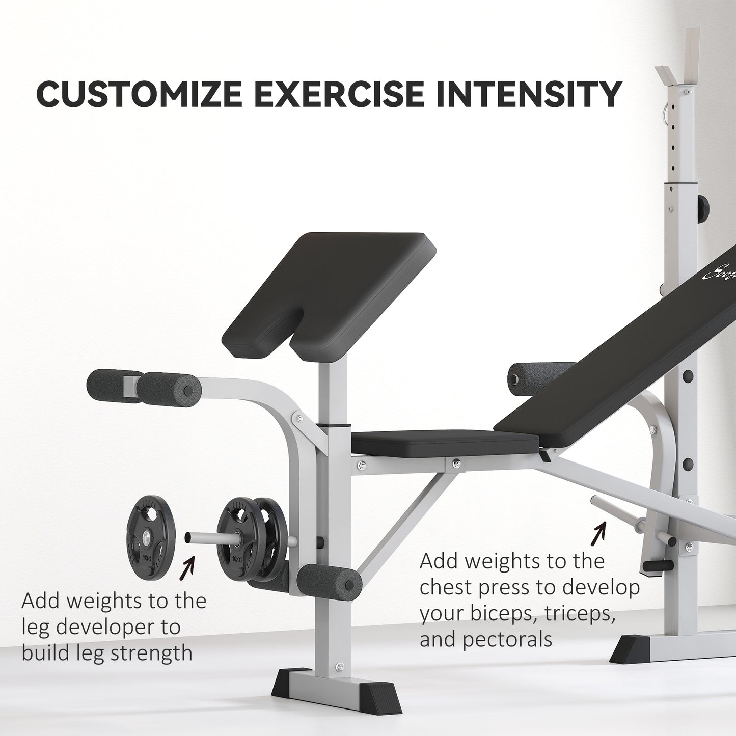 Soozier Bench Press Set Adjustable Weight Bench with Squat Rack, Preacher Curl Pad, Leg Developer and Weight Storage, White