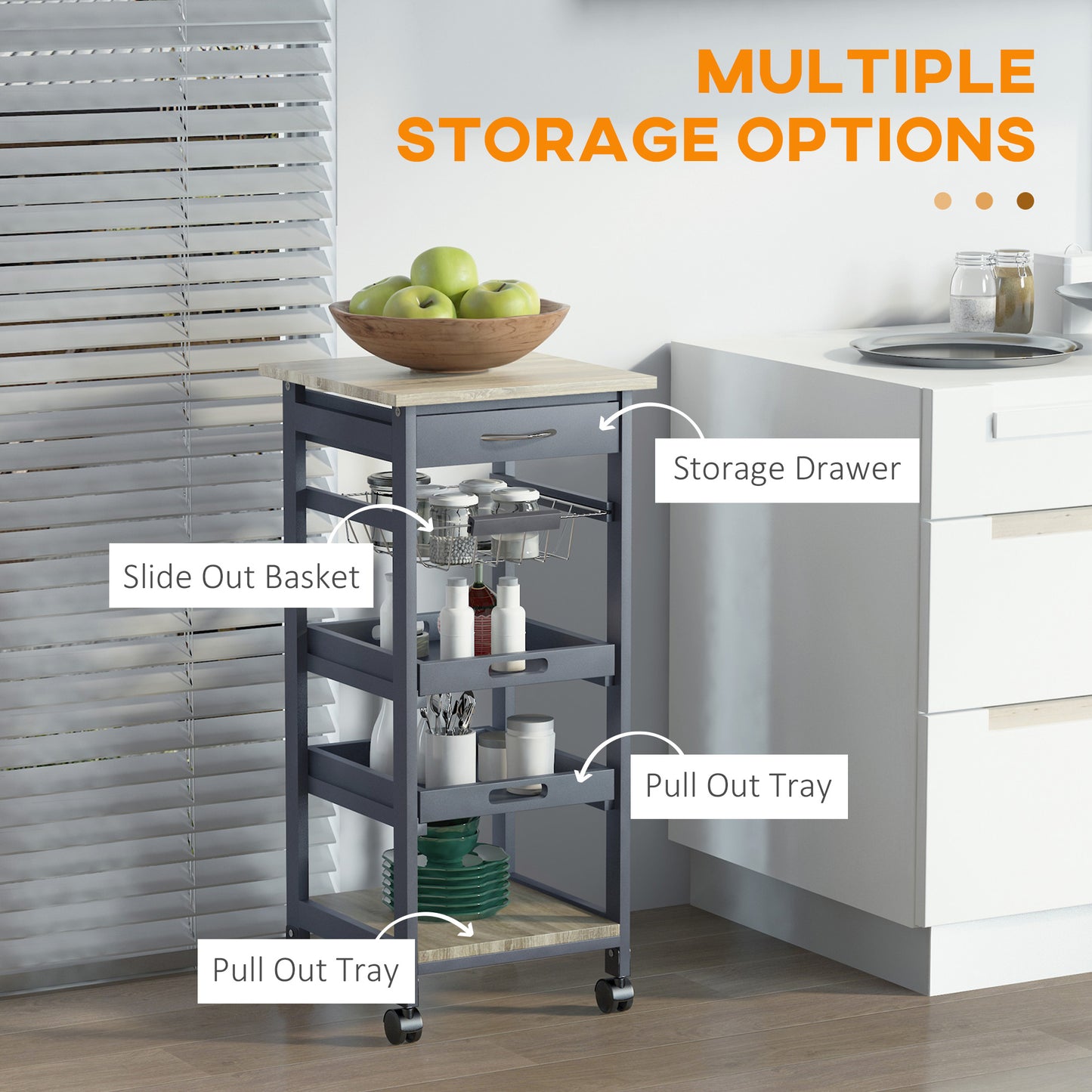 HOMCOM Rolling Kitchen Island Cart, Mobile Utility Storage Cart with Drawer, Wire Storage Basket, Removable Tray, Grey