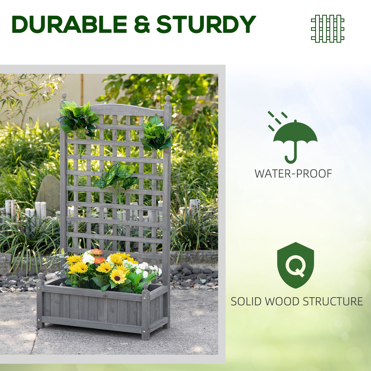 Outsunny Raised Garden Bed with Trellis, Wood Planter Box for Garden, Free Standing Flower Bed, 25.2" x 11" x 47.2" Brown