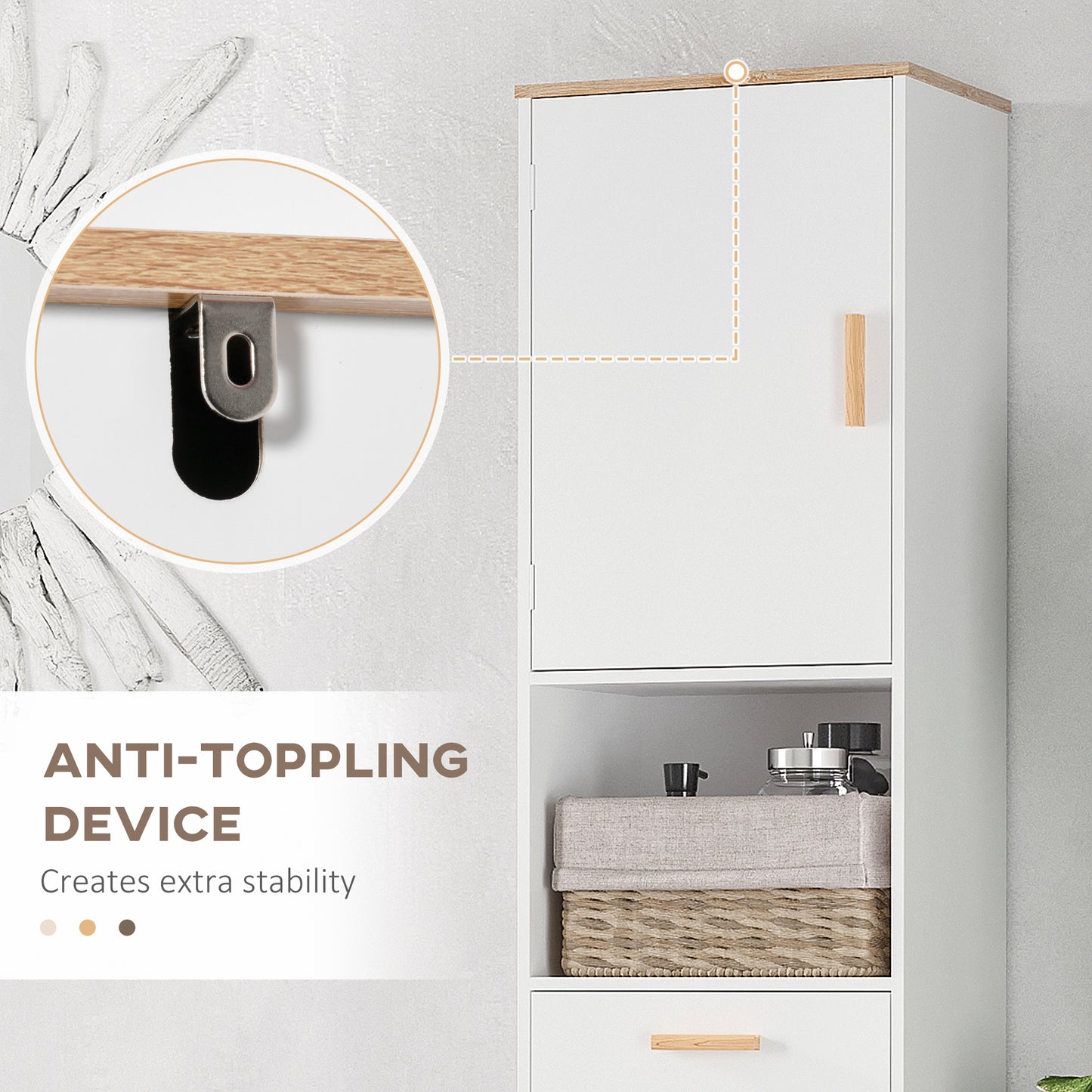 kleankin Bathroom Storage Cabinet with Cupboards and Drawer, Floor Free Standing Linen Tower, Tall Slim Side Organizer Shelves, White
