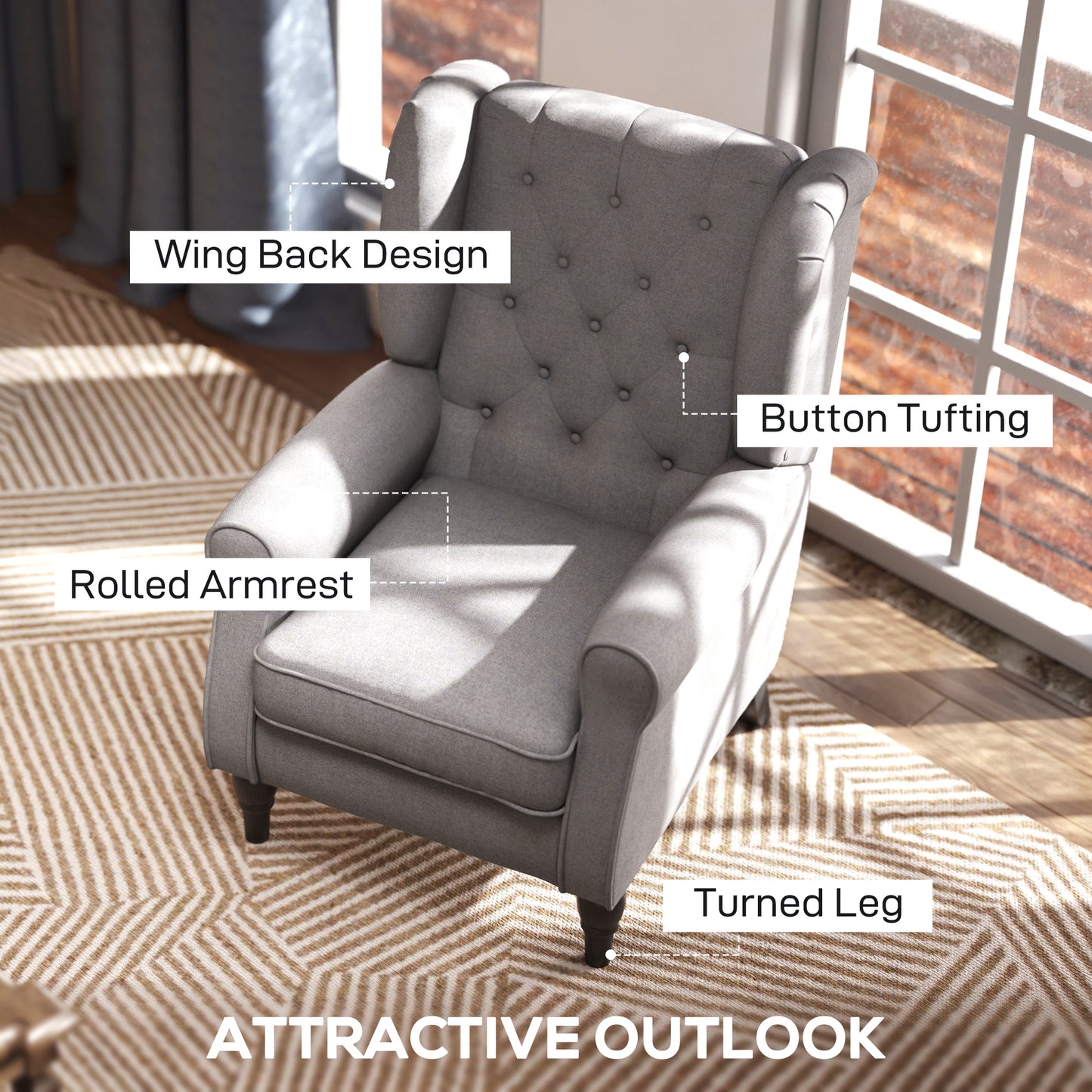 HOMCOM Fabric Accent Chair, Button Tufted Armchair, Upholstered Modern Living Room Chair, Wingback Chair with Wood Legs, Rolled Arms, Thick Padding for Bedroom, White
