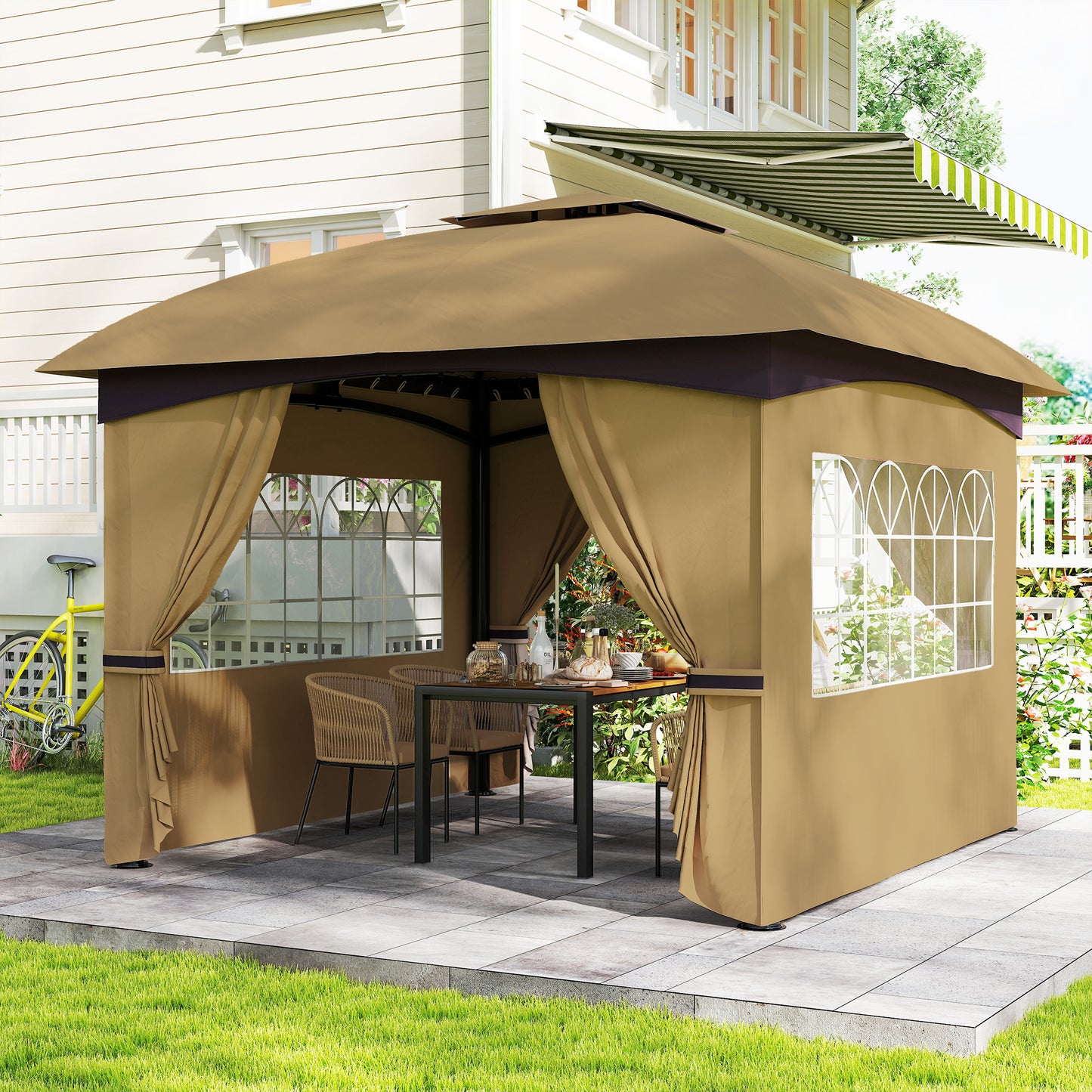 Outsunny 11' x 11' Outdoor Gazebo, Double Roof Patio Gazebo Canopy with Curtains, Church Windows, Galvanised Steel Frame, Beige