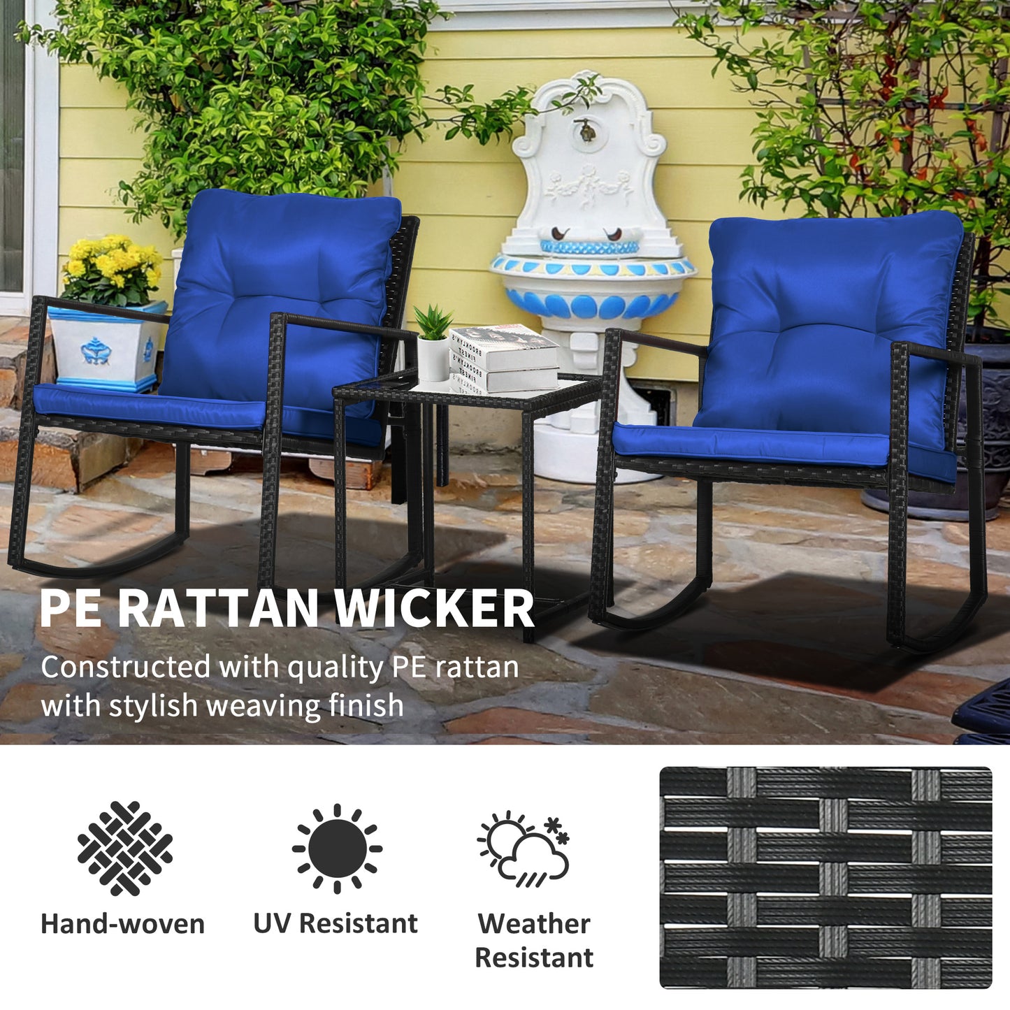 Outsunny 3 Pieces Rocking Bistro Set, Outdoor Wicker Patio Furniture with Glass Coffee Table and Outside Rocking Chairs for Porch, Conversation Sets with Thick Cushions, Blue
