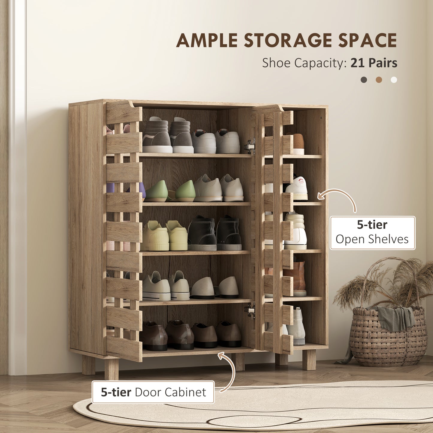 HOMCOM Shoe Cabinet, 21 Pair Shoe Storage Cabinet Organizer with 5-tier Double Door Cabinet and 5-tier Open Shelves, Beige