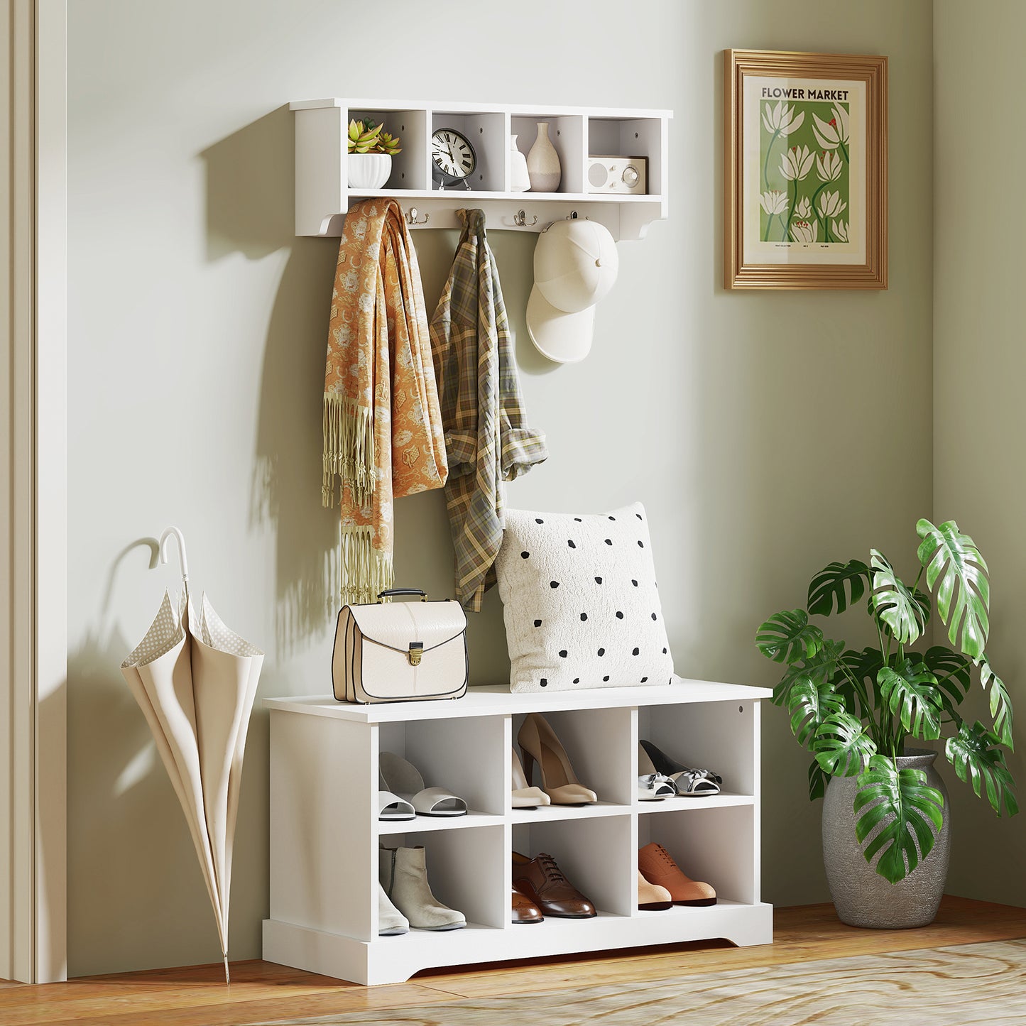 HOMCOM Coat Rack Wall Mount with Shelf, 28" Wall Coat Rack with 5 Hooks and 4 Compartments for Living Room, Entryway, White