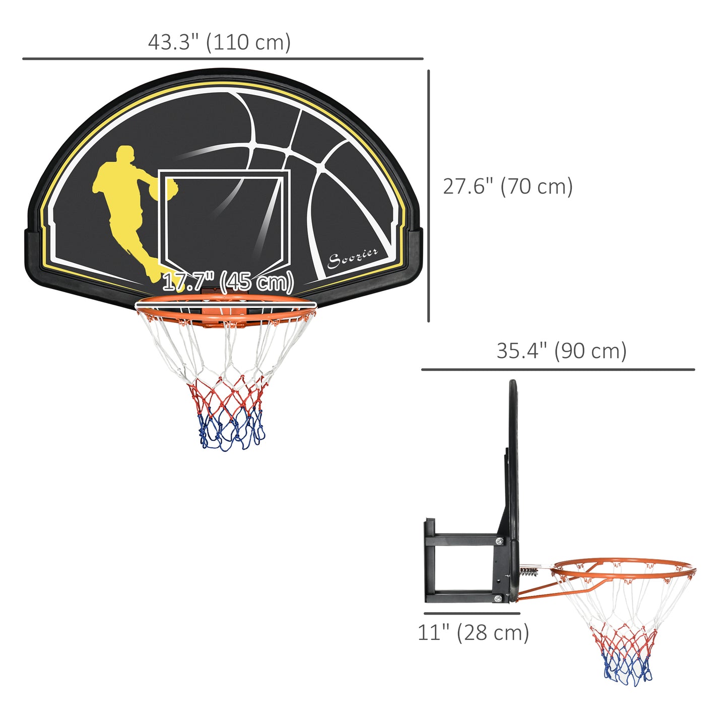 Soozier Wall Mounted Basketball Hoop with 43'' x 30'' Shatter Proof Backboard, for Indoor and Outdoor, Black