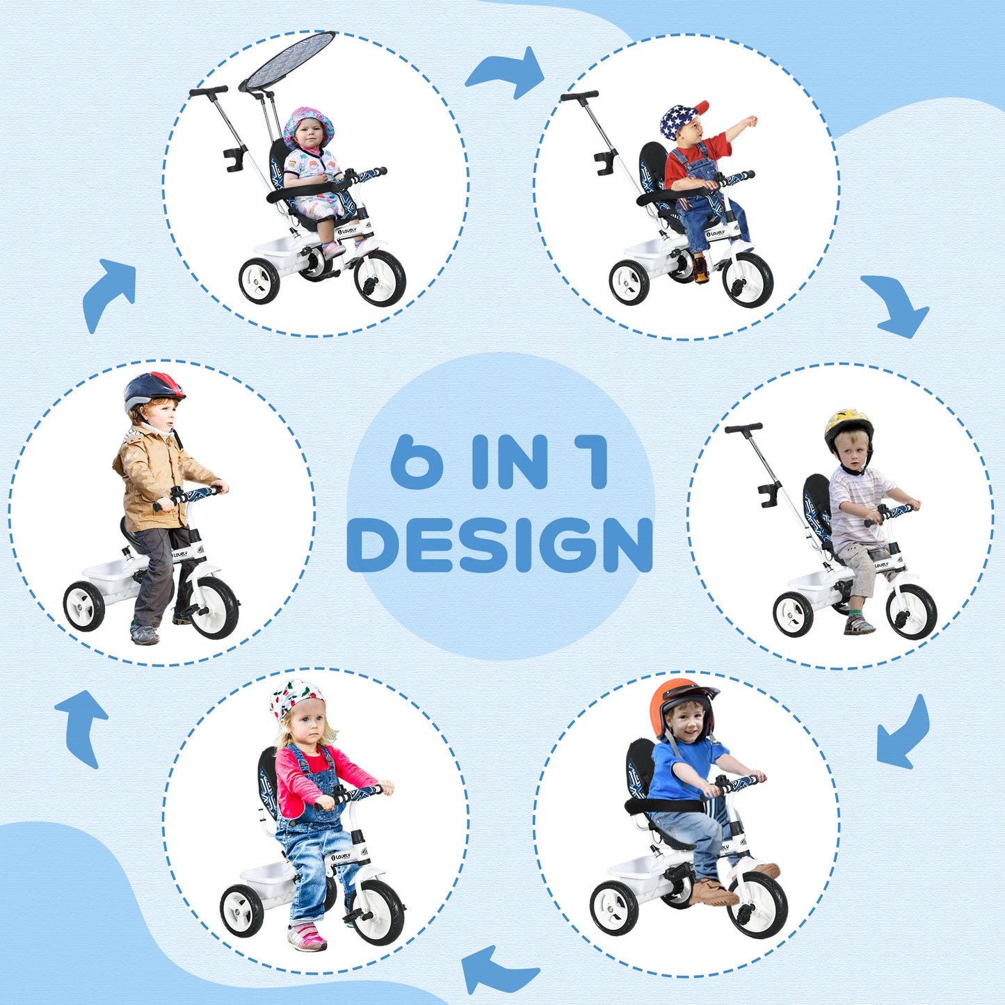 Qaba 6 in 1 Kids Tricycle with Removable Handlebar and Canopy, Navy Blue