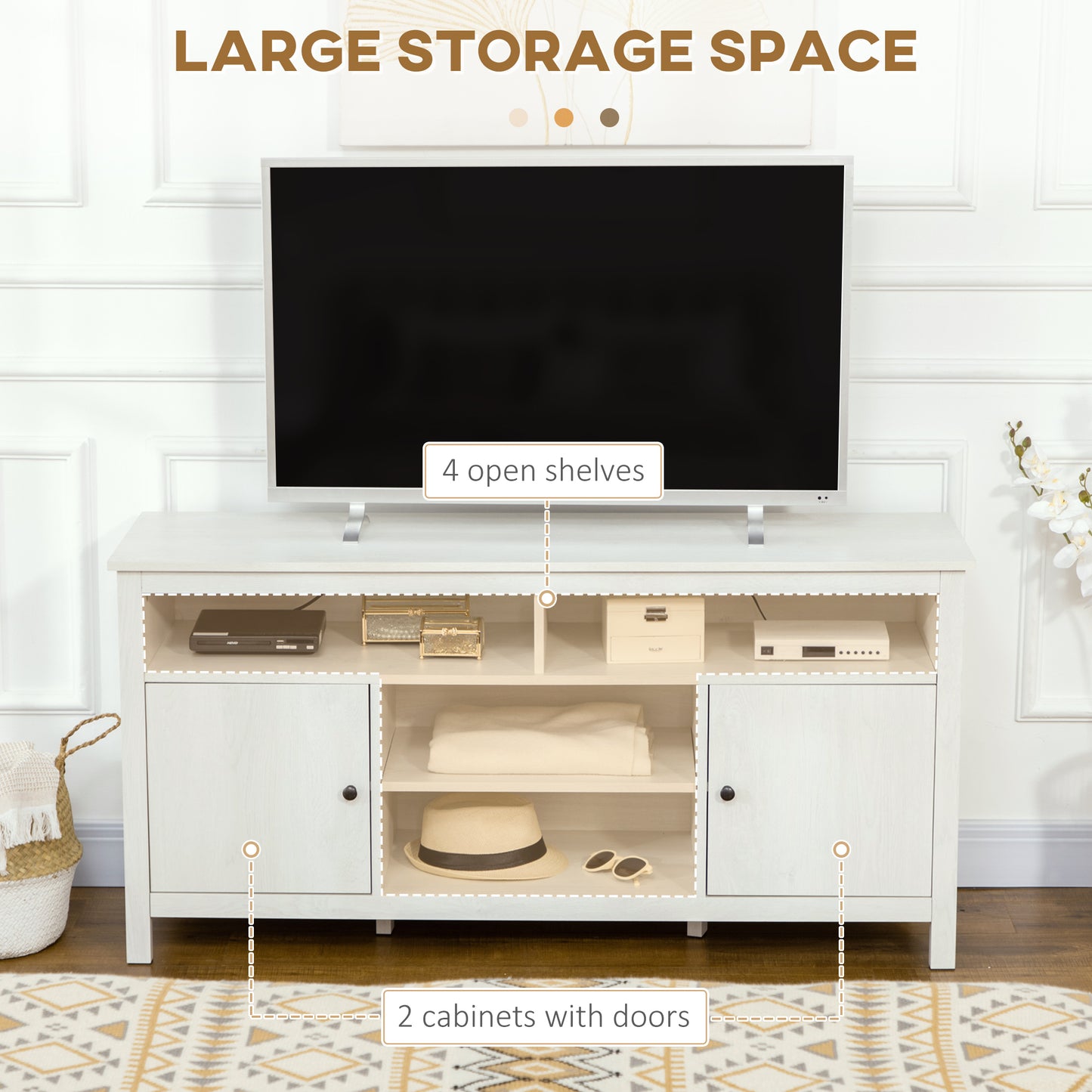 HOMCOM TV Stand for TVs up to 55", TV Unit with Storage Cupboard and Shelves, 55.1" x 15.7" x 27", White