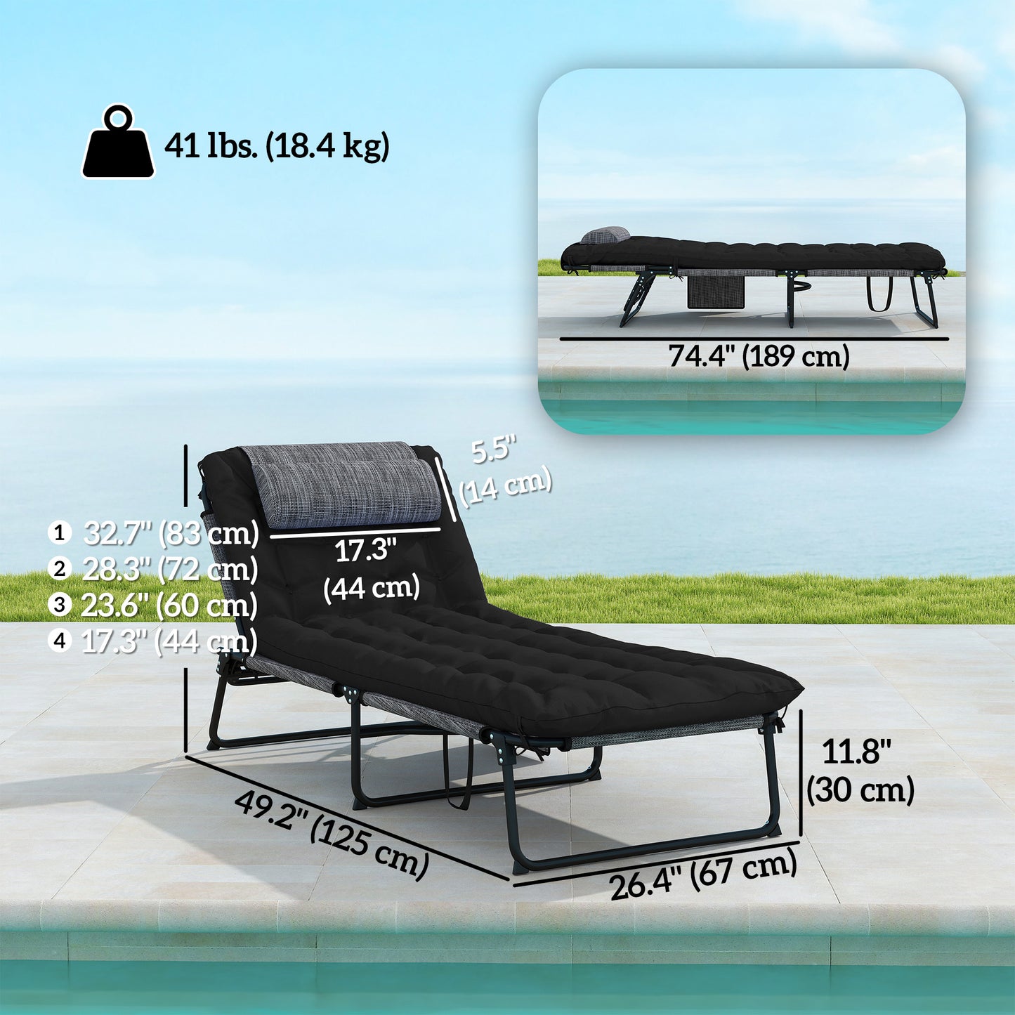 Outsunny 2-Piece Folding Lounge Chairs with Adjustable Backrest, Tanning Chair with Cushion, Side Pocket, Headrest, Grey