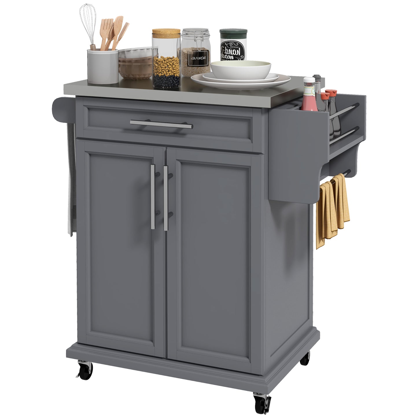 HOMCOM Kitchen Island with Stainless Steel Top, Rolling Kitchen Cart on Wheels with Storage Drawer, Cabinet, Towel Rack and Spice Rack (Black)