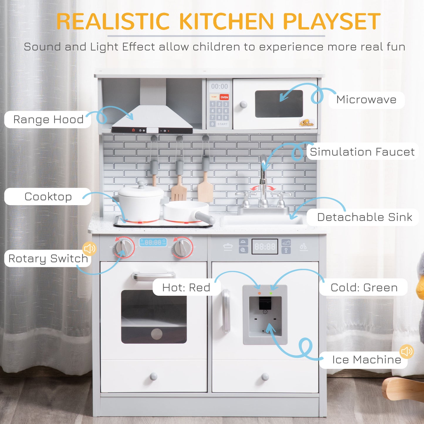 Qaba Kids Kitchen Play Cooking Toy Set, Educational Pretend Role Playset Game with Sound & Light Effect, Battery Operated Cooktop, Ice Machine, Dot Pattern Countertop, for 3-6 Years Old