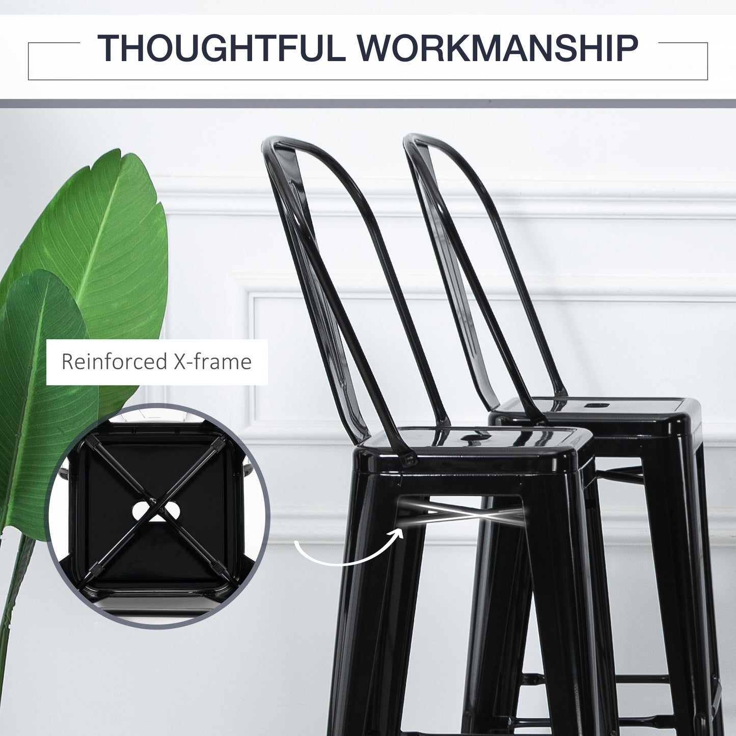 HOMCOM Set of 4 Bar Stools Kitchen Industrial Breakfast Bistro Cafe Metal Frame Black