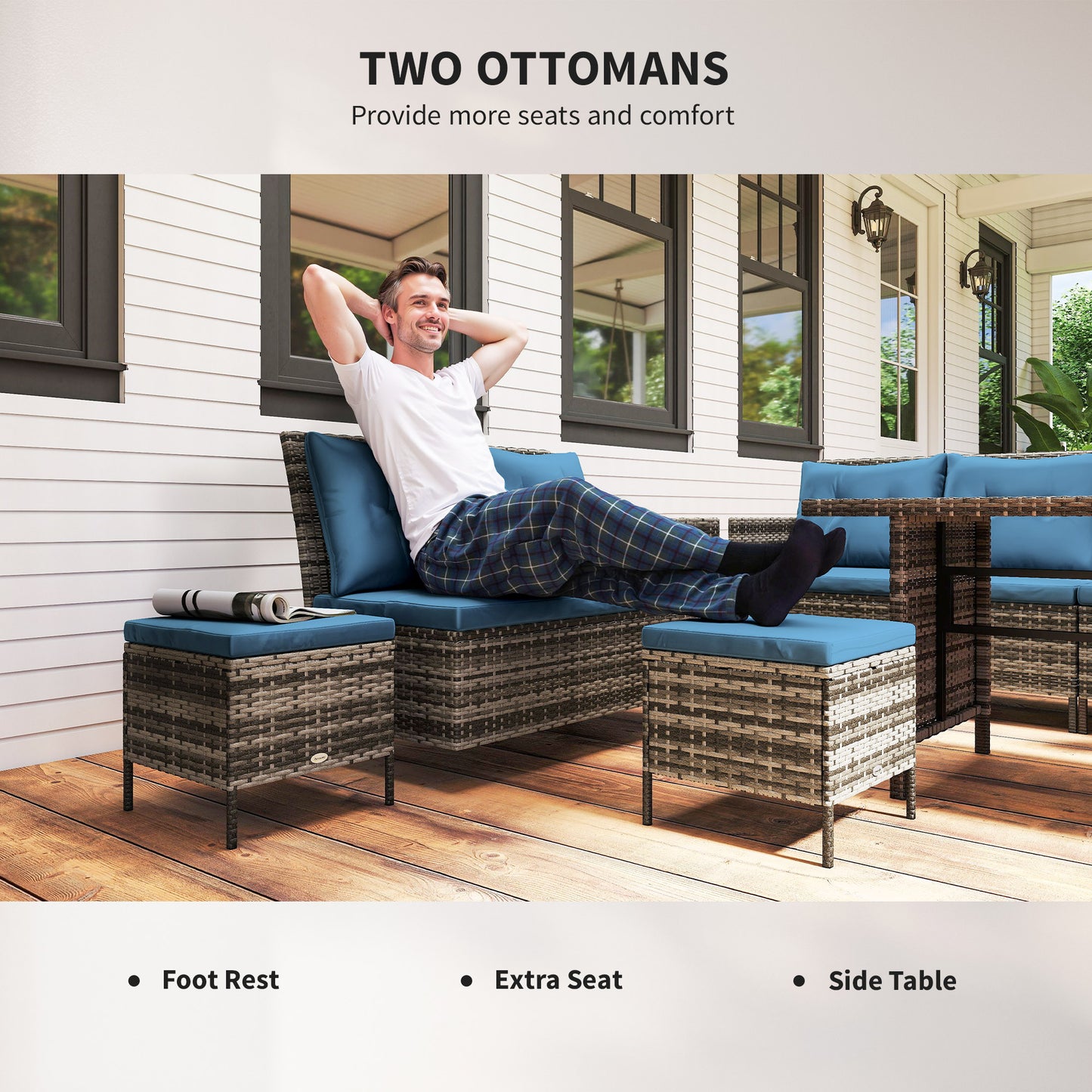 Outsunny 6pcs Outdoor Rattan Sofa Set Garden Wicker Sectional Couch Furniture Set with Dining Table and Chair White