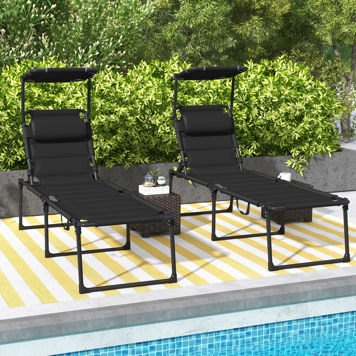 Outsunny Folding Chaise Lounge with Adjustable Sunroof, Outdoor Quick Dry Padded Tanning Chairs with Headrest, Reclining Back Outdoor Lounge Chair, for Beach, Yard, Patio, Blue