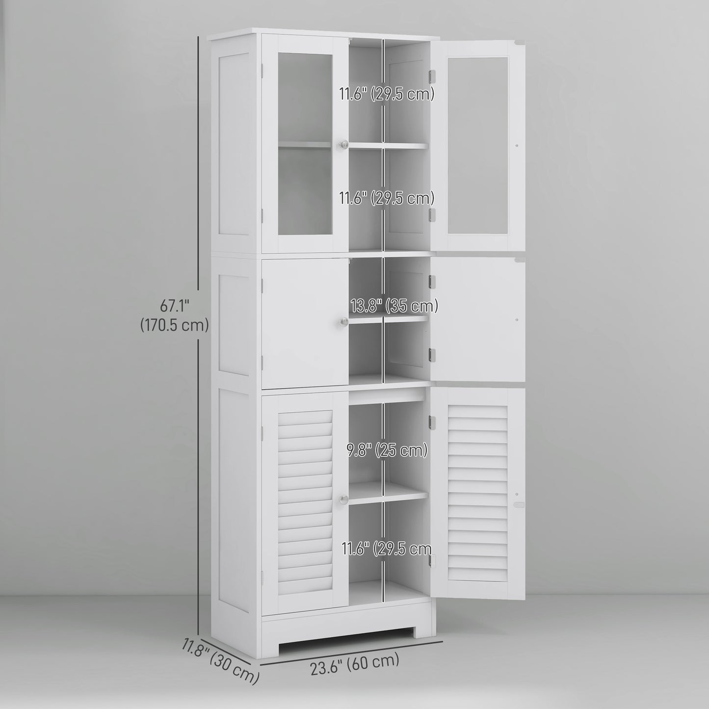HOMCOM Freestanding Bathroom Cabinet with Glass/Louvred Doors, Tall Bathroom Cabinet for Kitchen, Study, Living Room