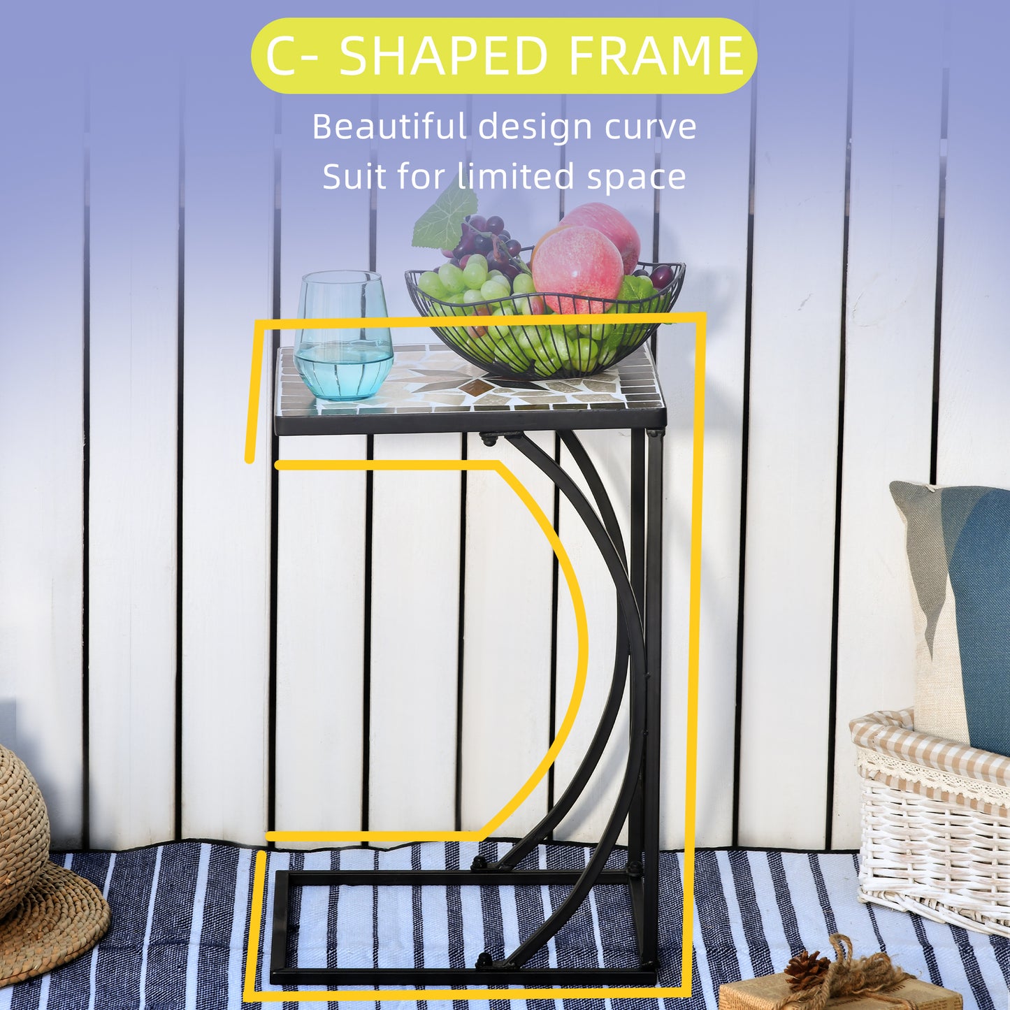 Outsunny Outdoor Mosaic Side Accent Table Indoor Coffee End Table C Shape Frame Patio Plant Stand for Garden Pool