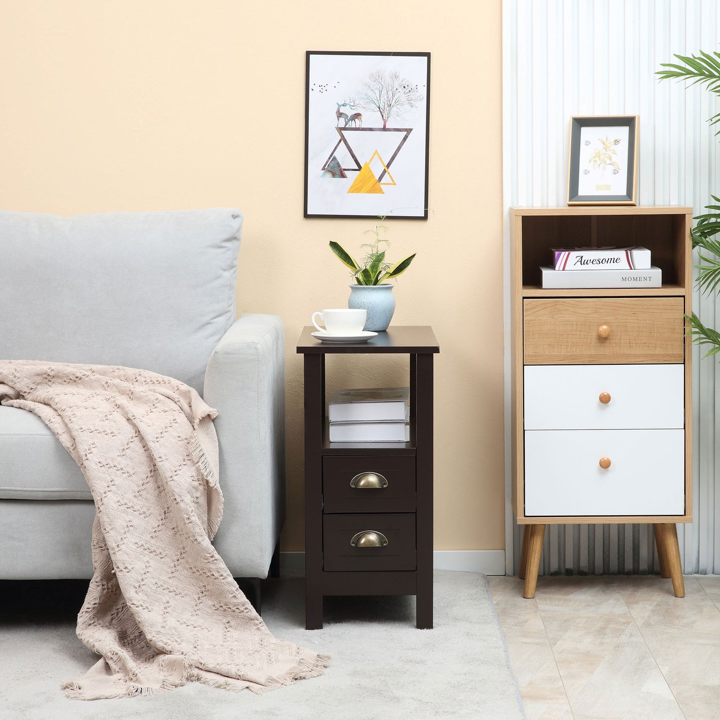 HOMCOM Slim End Table with 2 Drawers and Storage Shelf, Sofa Side Table for Living Room, Narrow Nightstand, White