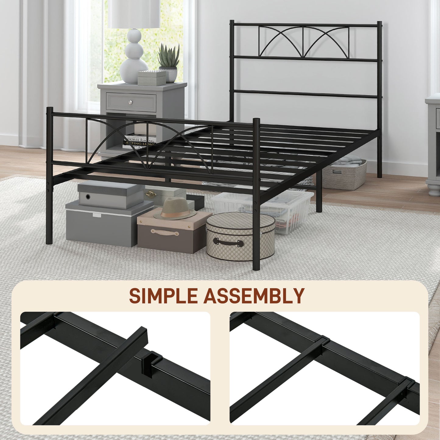 HOMCOM Metal Full Platform Bed Frame with Headboard, Steel Slat Support, Underbed Storage, No Box Spring Needed, Easy Assembly