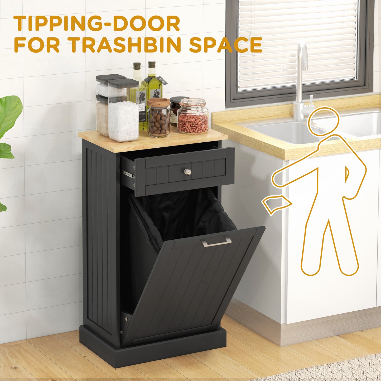 HOMCOM Kitchen Tilt Out Trash Bin Cabinet, Free Standing Recycling Cabinet, Trash Can Holder with Drawer, White
