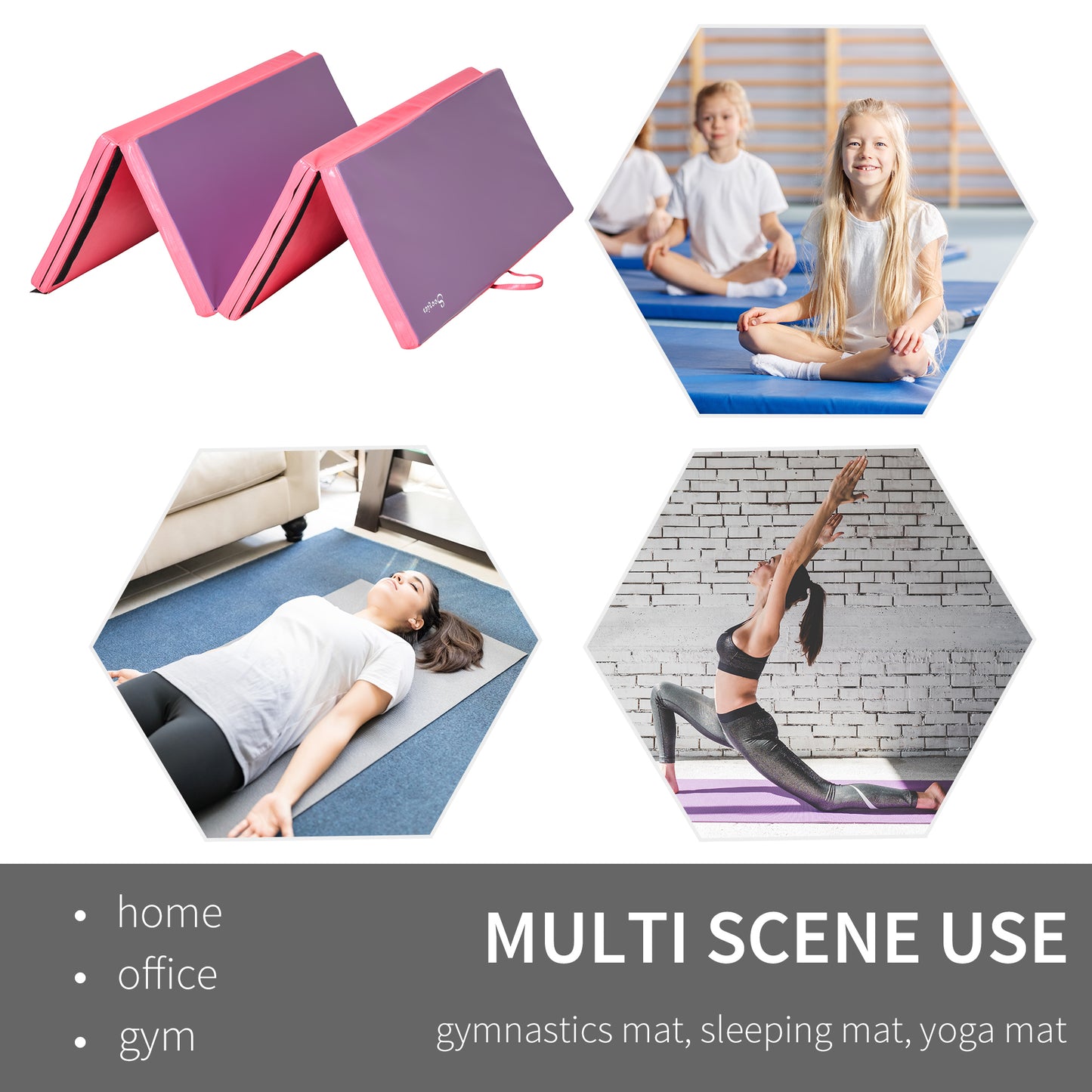 Soozier 4'x6'x2'' Folding Gymnastics Tumbling Mat, Exercise Mat with Carrying Handles for Yoga, MMA, Martial Arts, Stretching, Core Workouts, Pink and Purple