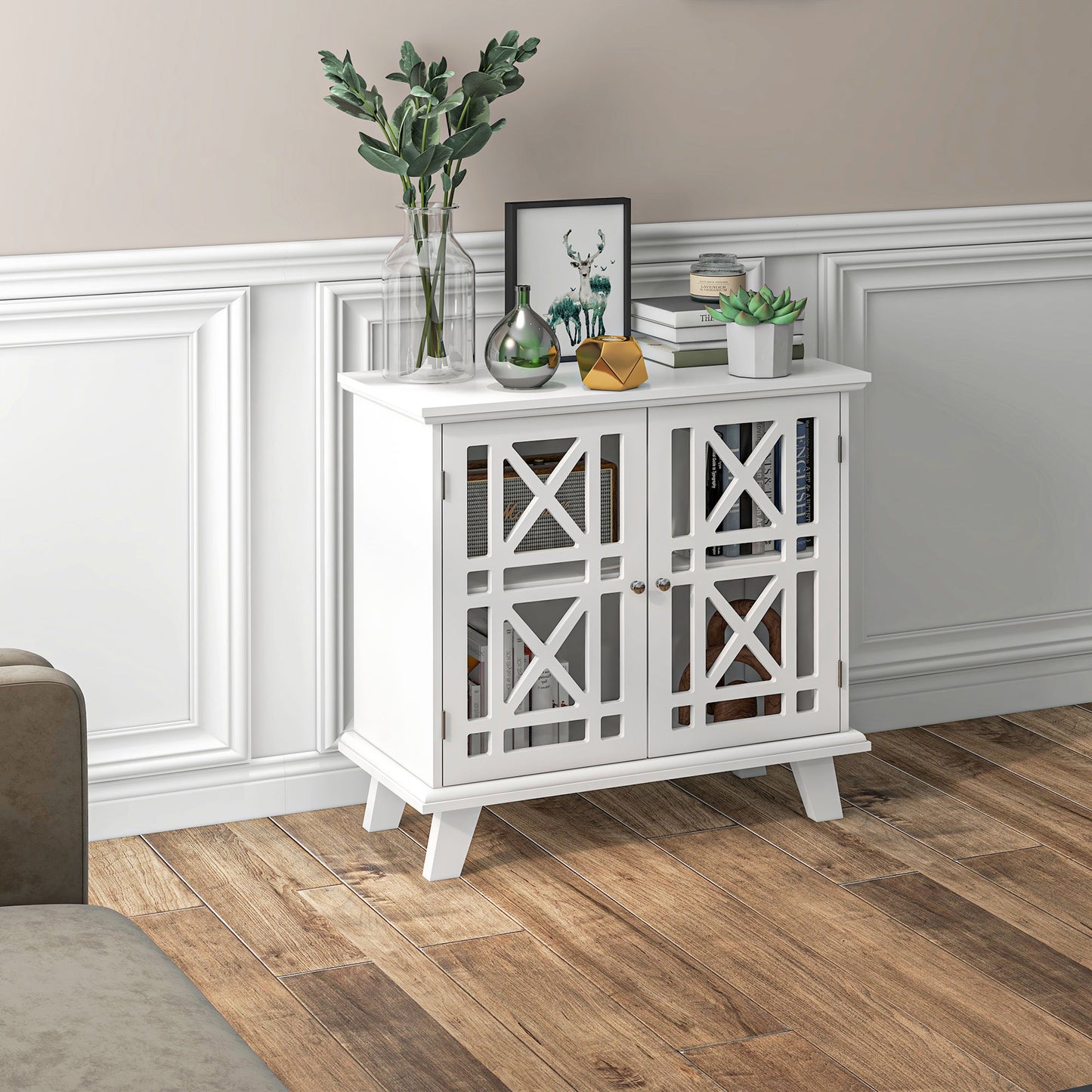 HOMCOM Storage Cabinet with Fretwork Doors and Shelf, Modern Freestanding Sideboard, Buffet, White