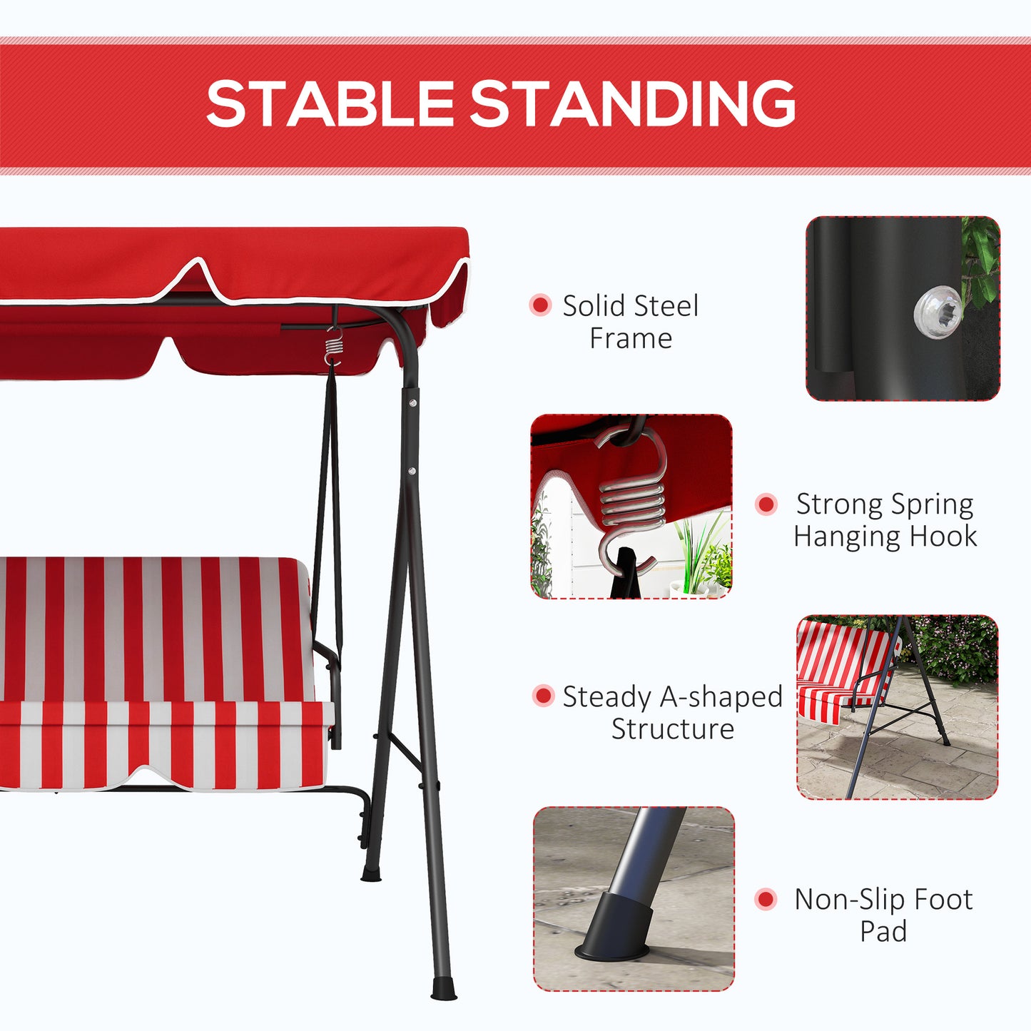 Outsunny 3-Seater Outdoor Porch Swing with Adjustable Canopy, Patio Swing Chair for Garden, Poolside, Backyard, Red